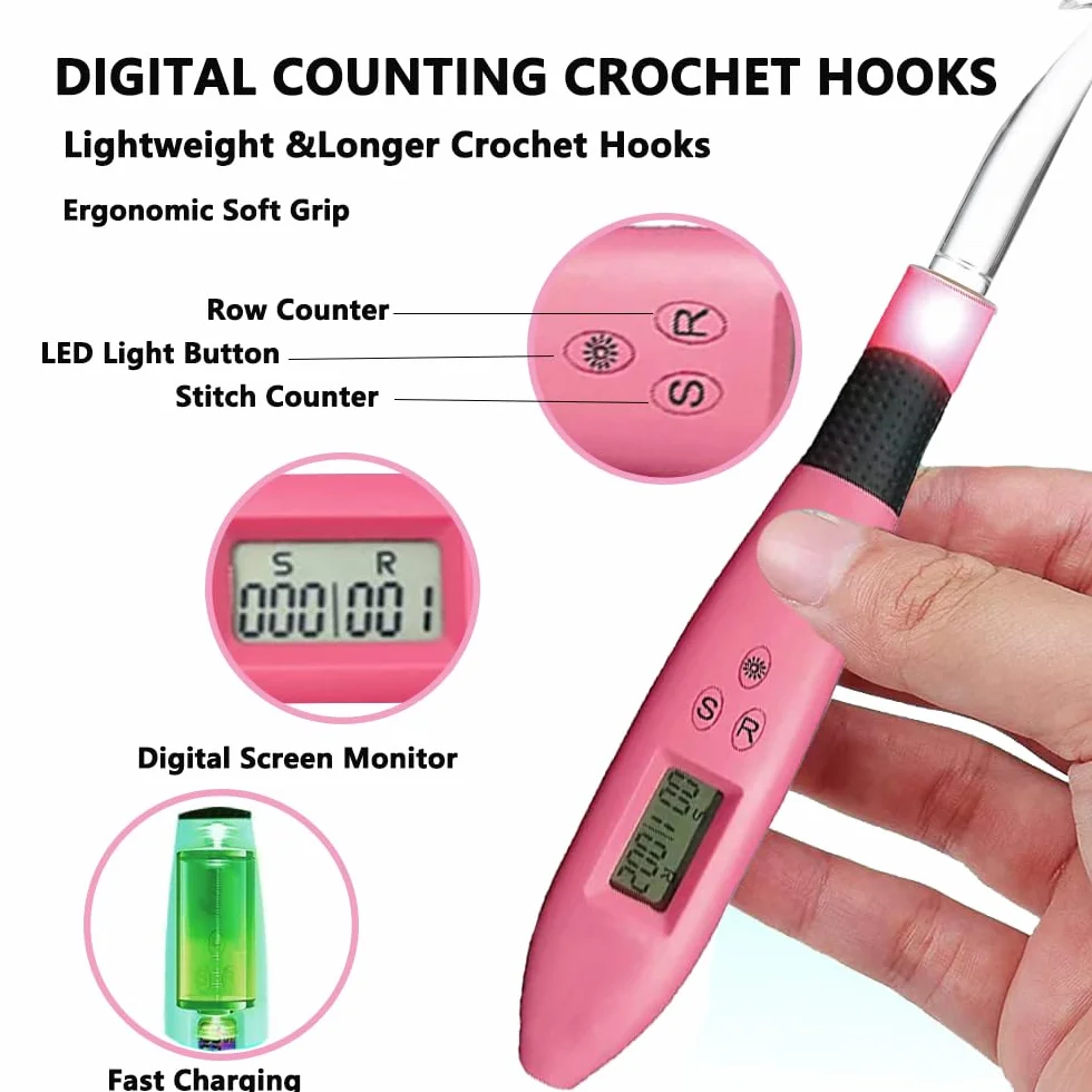 Juego de agujas de ganchillo iluminadas, juego de agujas de ganchillo digitales con 24 kits de ganchillo intercambiables, ganchos de ganchillo iluminados con 2 niveles LED, kit de punto para