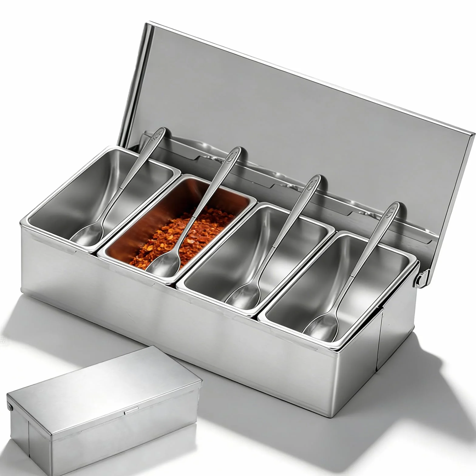 Recipiente para ingredientes de acero inoxidable con 4 compartimentos, 450 ml, recipiente para guarniciones con tapa, 30 x 14 x 8 cm, recipiente para ingredientes para cócteles, especias, barbacoa