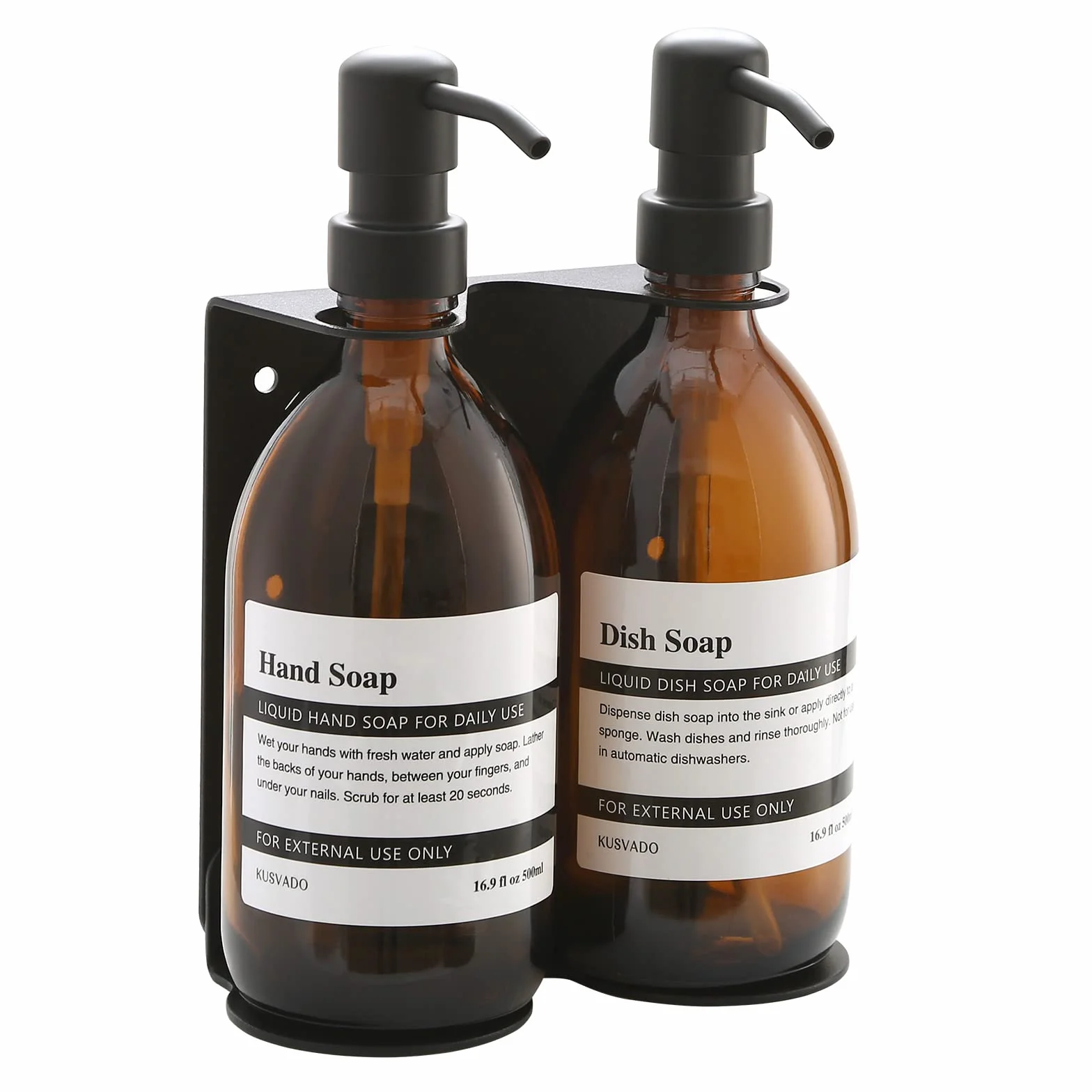 Dispensador de jabón de ducha de vidrio sin taladro, dispensador de jabón de manos con soporte ajustable de acero inoxidable para baño y cocina (negro, 1 cámara, 18 onzas)