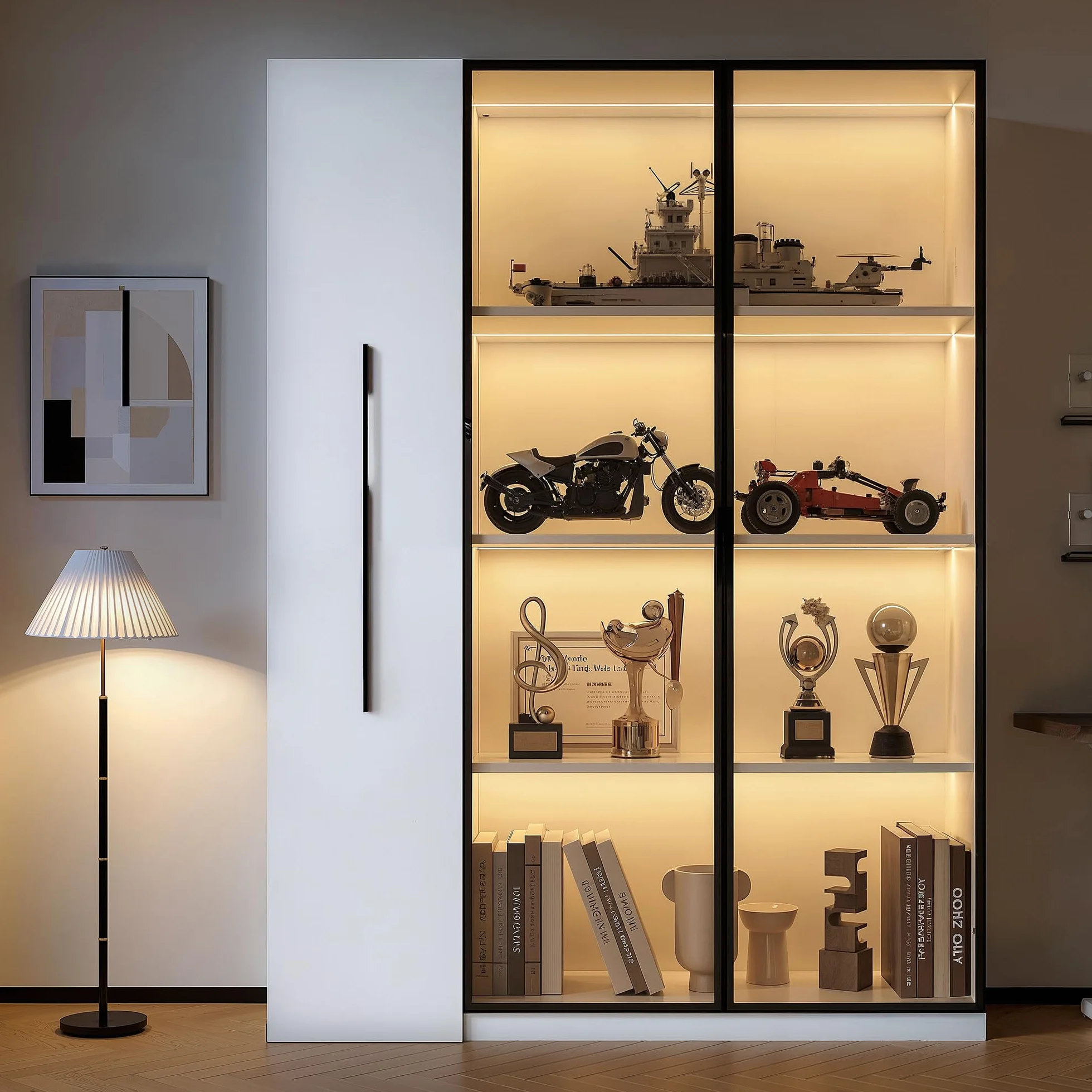Merax Vitrina de 110,5 × 35 × 160 cm, armario multifunción con puerta de cristal e iluminación LED, cajón lateral con espacio de almacenamiento, armario alto de estilo francés, adecuado como