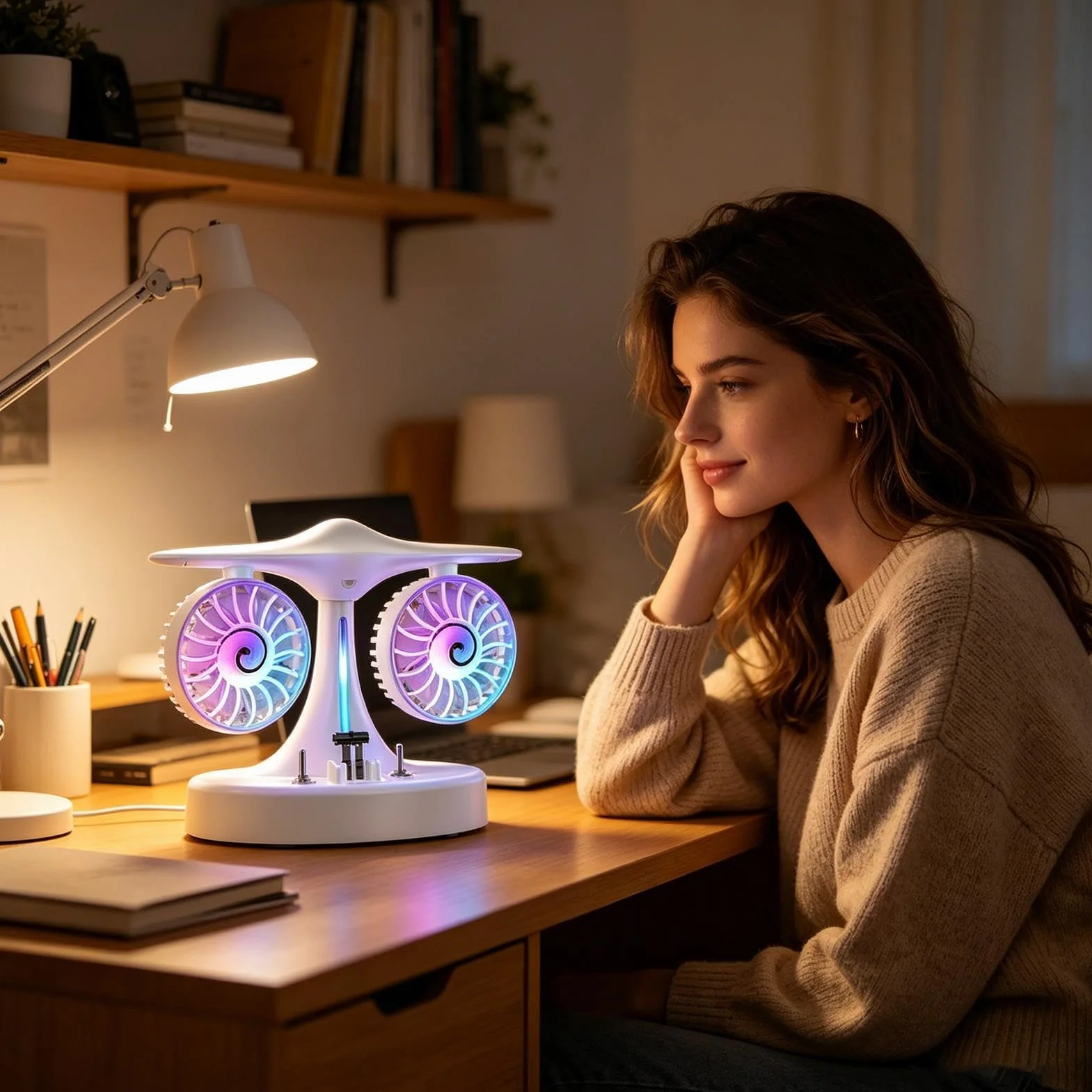 Ventilador de Escritorio Portátil Recargable con Nebulización y Luces | Ventilador Personal de Escritorio Pequeño y Silencioso para Dormitorio Salón Oficina Escuela Verano Viajes Camping Vacacione