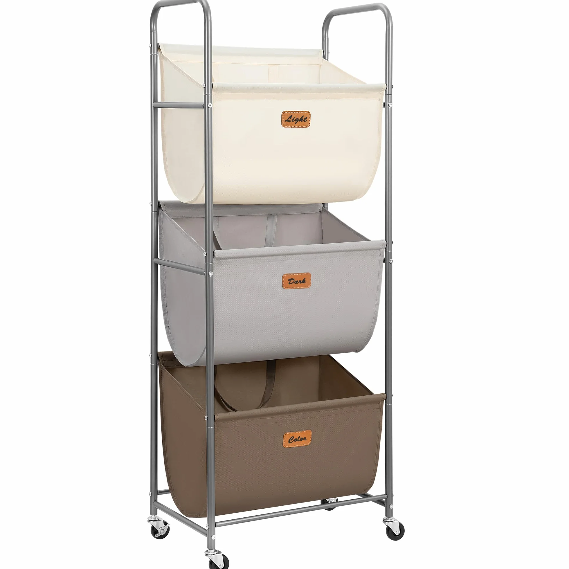 STORAGE MANIAC Cesta de lavandería vertical con ruedas de 120 litros, clasificador de ropa sucia de 3 secciones con ruedas y 2 roturas, cestas de lavandería de 3 niveles para espacios pequeños