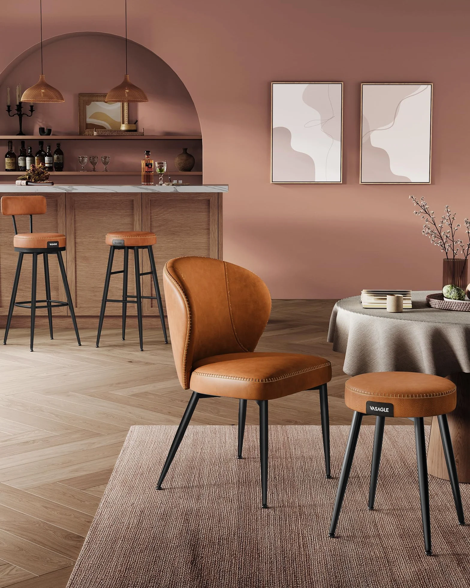 VASAGLE EKHO Colección - Juego de 4 Taburetes de Bar, Taburete Cocina, Taburete Desayuno, Cuero Sintético con Costuras, Moderno Siglo Medio, 76,2 cm Alto, Silla Comedor, Fácil Montaje, Marrón Caramelo