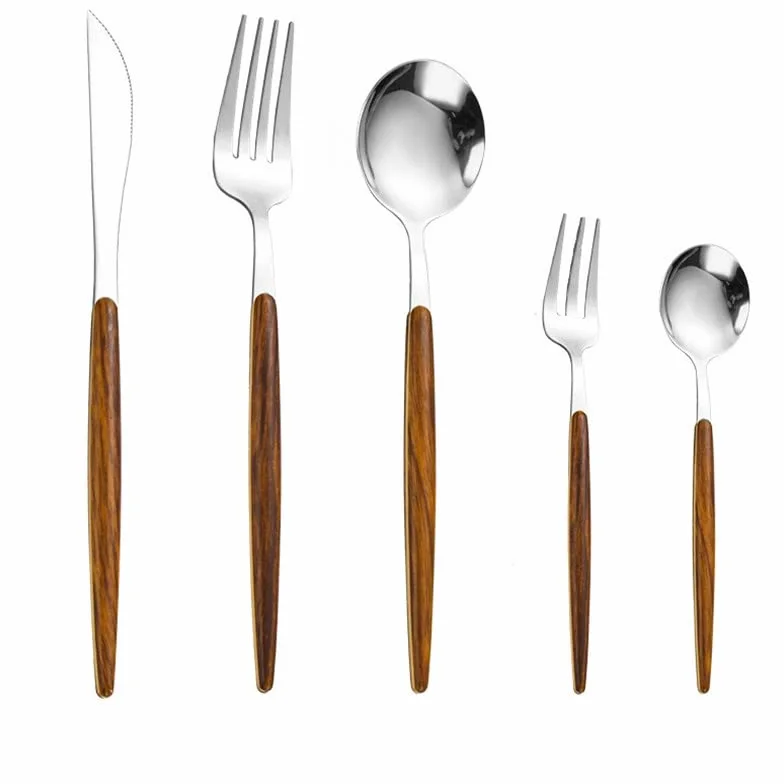 Vajilla Cubiertos Juego de cubiertos de acero inoxidable de 30 piezas con mangos de madera Cubiertos for 6 personas, Cubiertos for banquetes domésticos Servicio de cena