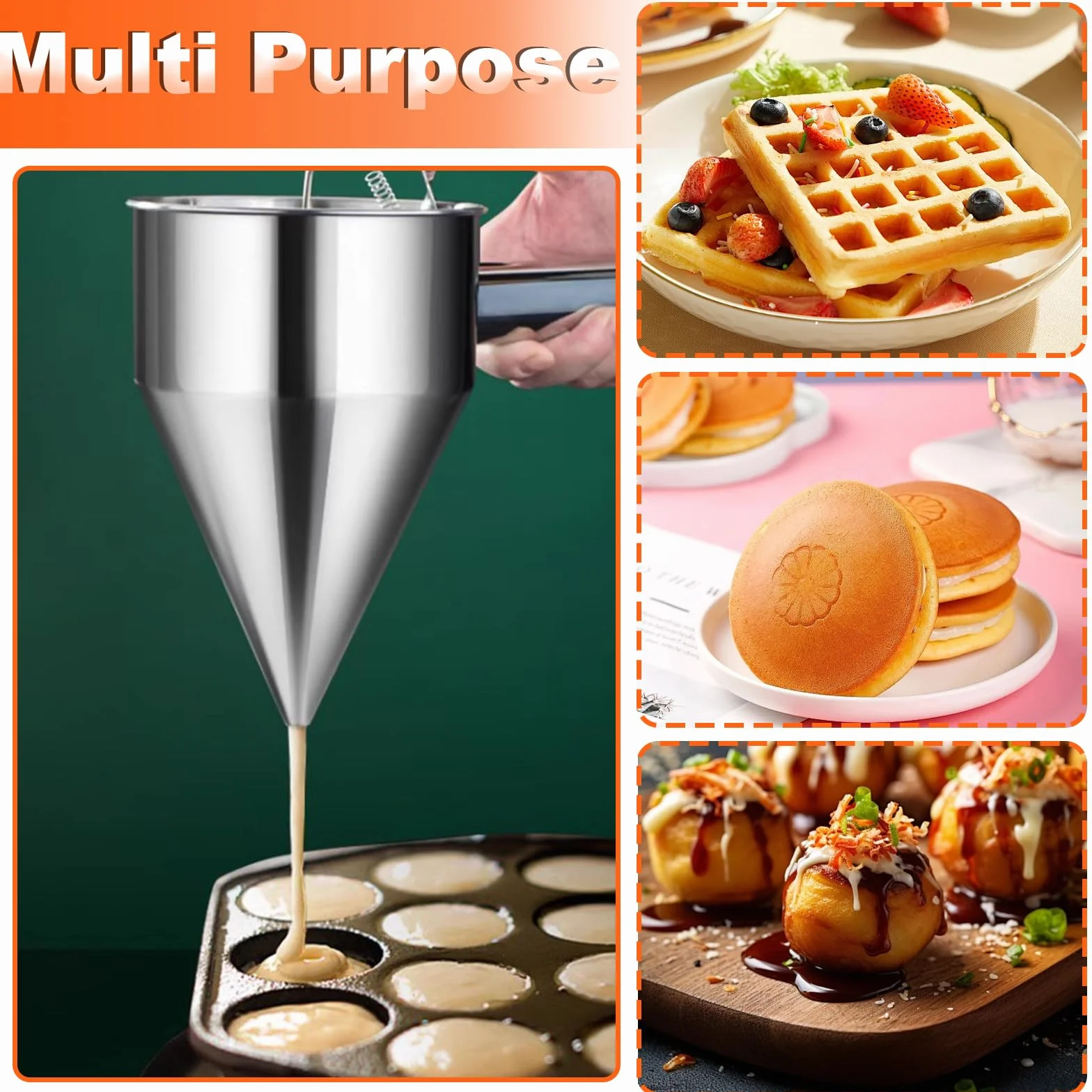 Embudo Dosificador de Masa Acero Inoxidable 1200ml, Dispensador de Tortitas con 4 Boquillas