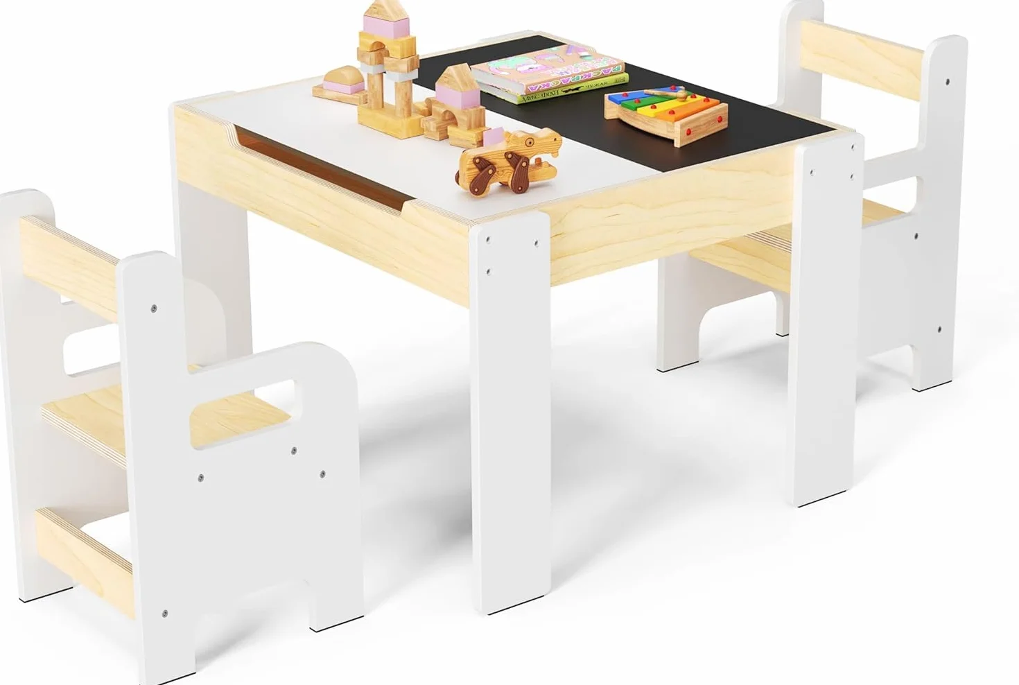 Juego de mesa de comedor y silla Montessori para niños, mesa infantil de madera, mesa de juegos con espacio de almacenamiento, ideal para niños, para leer, jugar, comer (dos sillas)