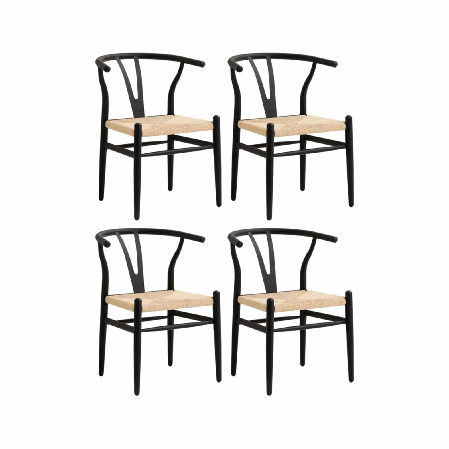 Juego de 4 Silla de Comedor Tejida Moderna, Cojín de Ratán de Alta Densidad, Patas de Metal Negro, Adecuada para Comedor, Sala de Estar, Cocina （Marco de Metal Negro）
