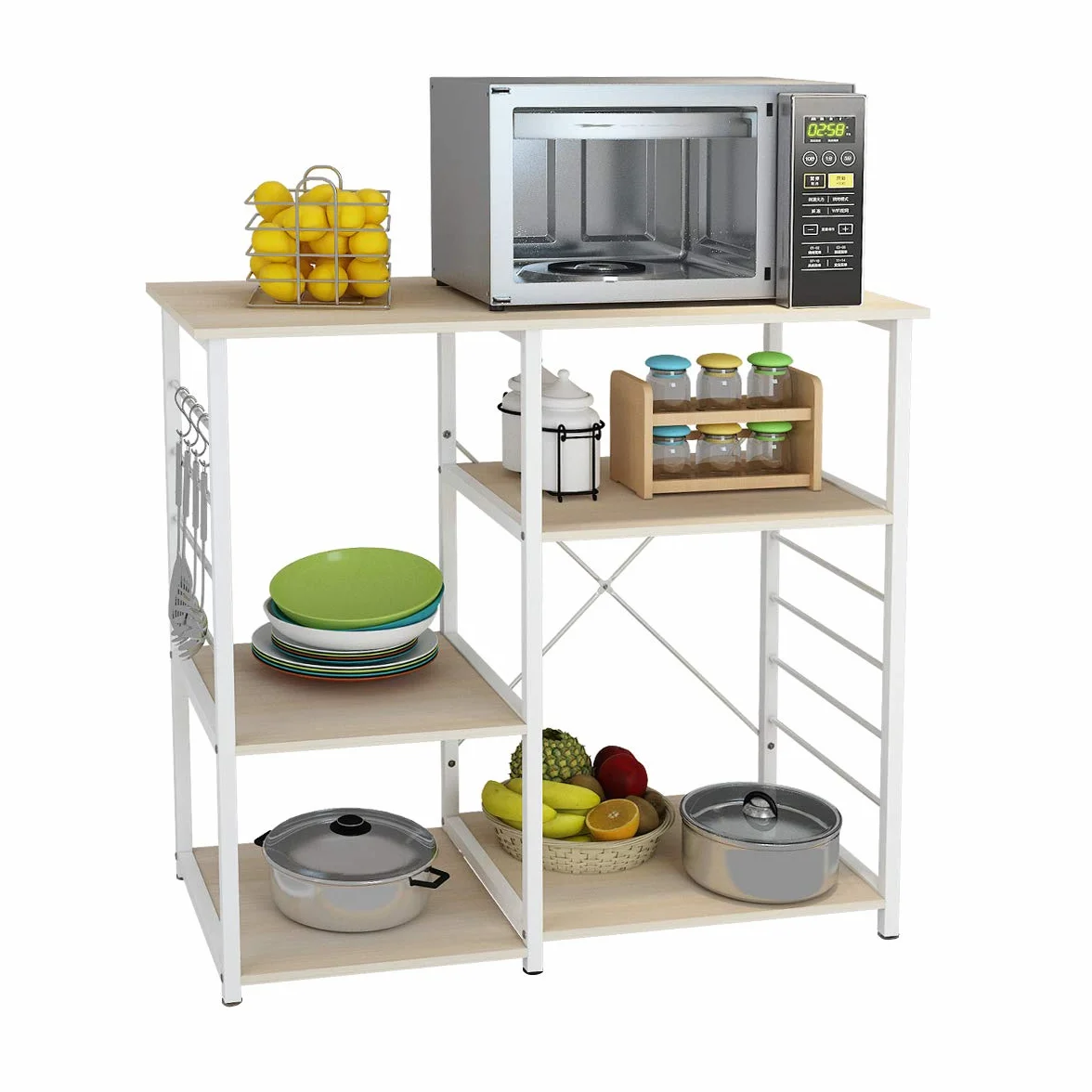 DlandHome Soporte para Carrito de microondas, Almacenamiento Cocina de 3 Niveles + 3 Niveles para Estante de panadería y Especias, Estante Organizador de estación, básico y de Arce