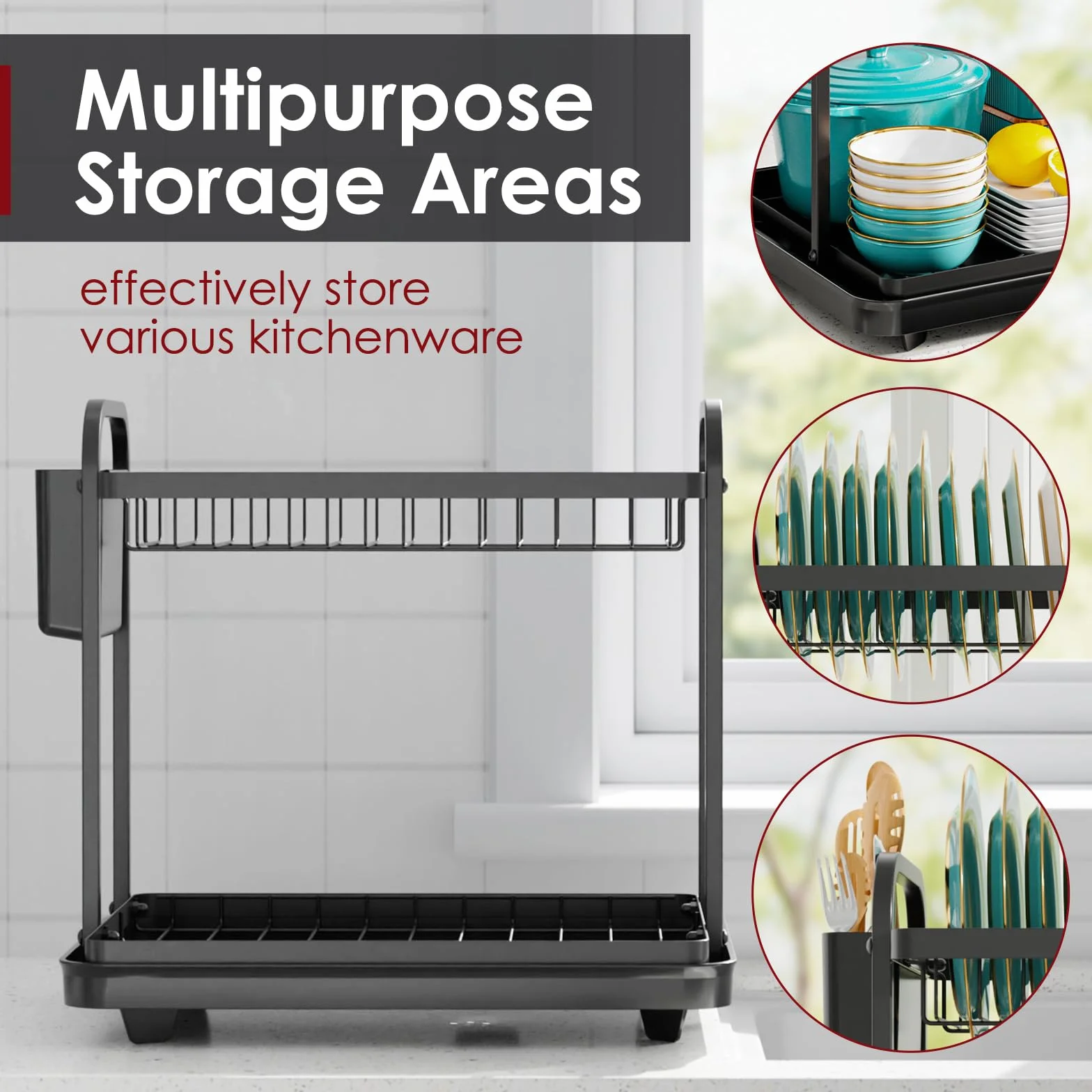 Kitsure Escurreplatos de Cocina Acero Inoxidable Ahorra Espacio, 2 Niveles, Negro