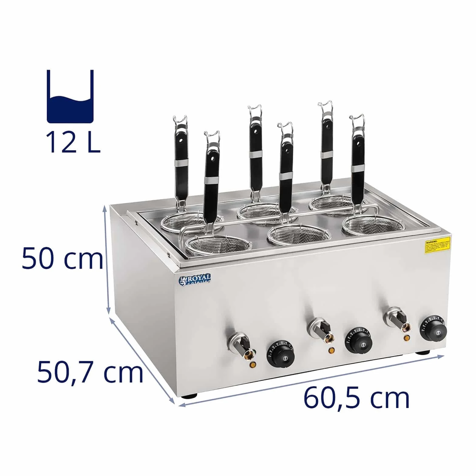 Royal Catering Cuece-pastas con 6 Cestas Cocedor Para Hostelería RCNK-6 (Dimensiones: 50,7 x 60,5 x 50 cm, 3 x 1.000 watt, 3 x 4 Litros)