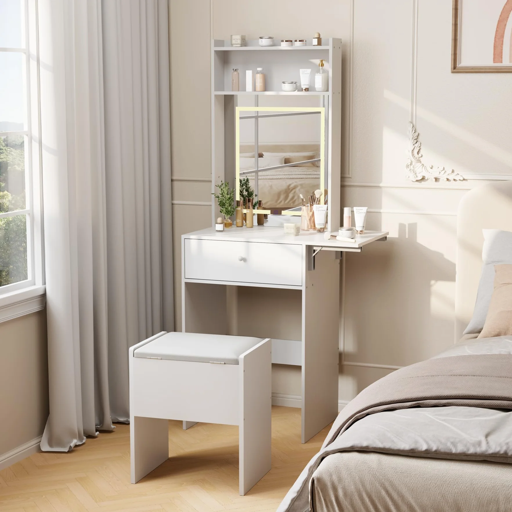 Tocador De Maquillaje Con Luz, Taburete De Almacenamiento, Espejo Y Luces LED Táctiles (3 Colores/3 Modos), Panel Abatible Para Ampliar Encimera, Cajón Grande Y Estantes Abiertos, 50 x 40 x 150,Blanco
