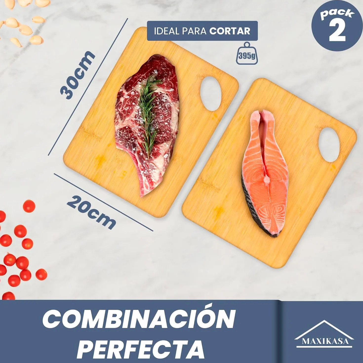 Tabla Cortar de Bambú Pack 2 uds 30x20cm Alta Resistencia