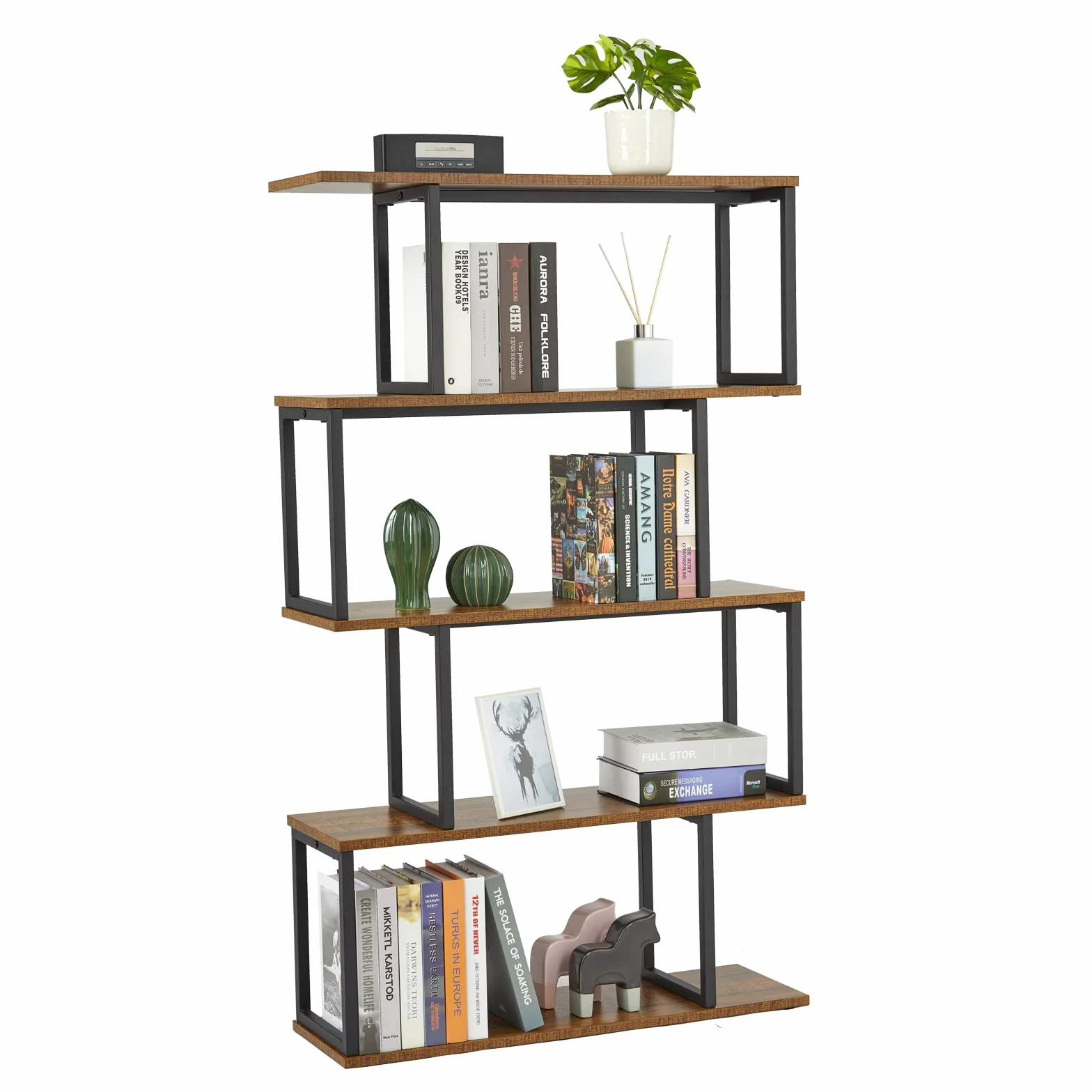 Mondeer Estantería de pie con 4 Niveles, estantería de Madera en Forma de S, diseño Industrial, 74 x 24 x 128 cm, estantería Decorativa para Plantas y Libros, salón, Dormitorio, Oficina, Color marrón