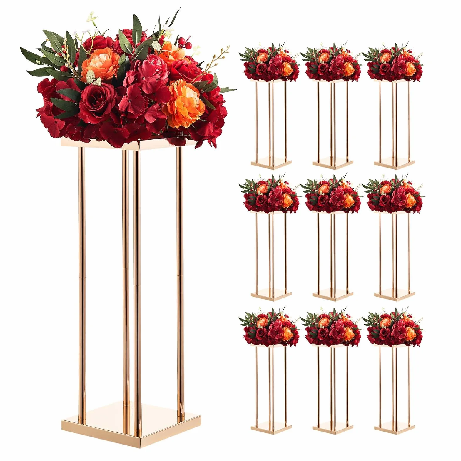 VEVOR Soporte Floral para Bodas, en Forma de Columna, con Laminado Metálico, Ideal para Bodas, Fiestas, Cumpleaños y el Hogar, Soportes Dorados Francés para Centros de Mesa, 200 x 200 x 600 mm, 10 uds