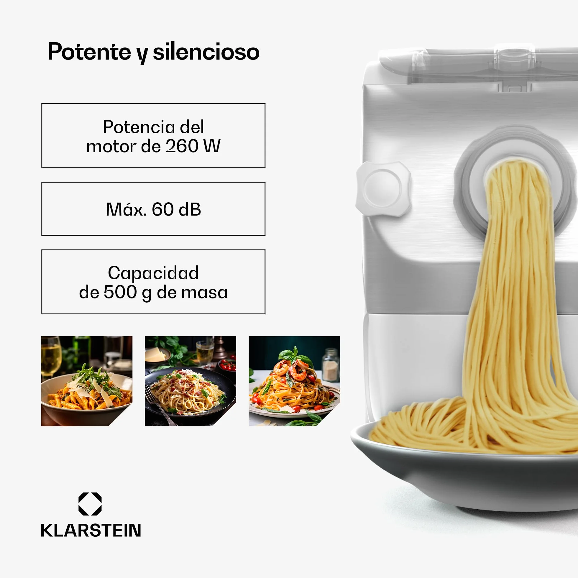 Klarstein Pastamania Nudelmaschine Elektrisch – 260 W Vollautomatische Pastamaschine mit 7 Aufsätzen, 500 g Kapazität, Leise (60 dB), LED-Anzeige, Weiß