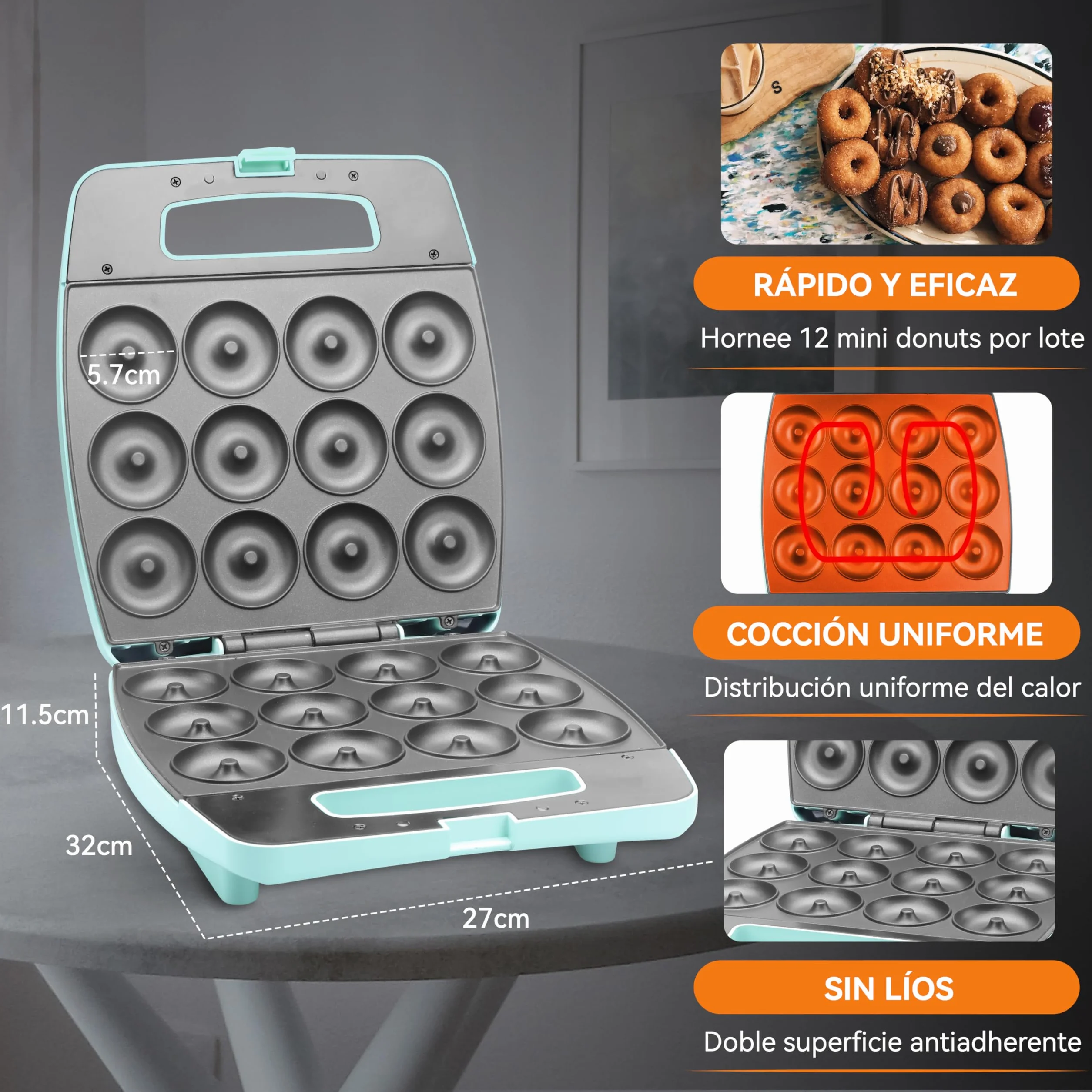 Baker's Friend, Mini máquina para hacer donuts, maquina donuts, donetes, hornea 12 mini donuts, perfectos para desayunos, meriendas, postres y mucho más, Aqua