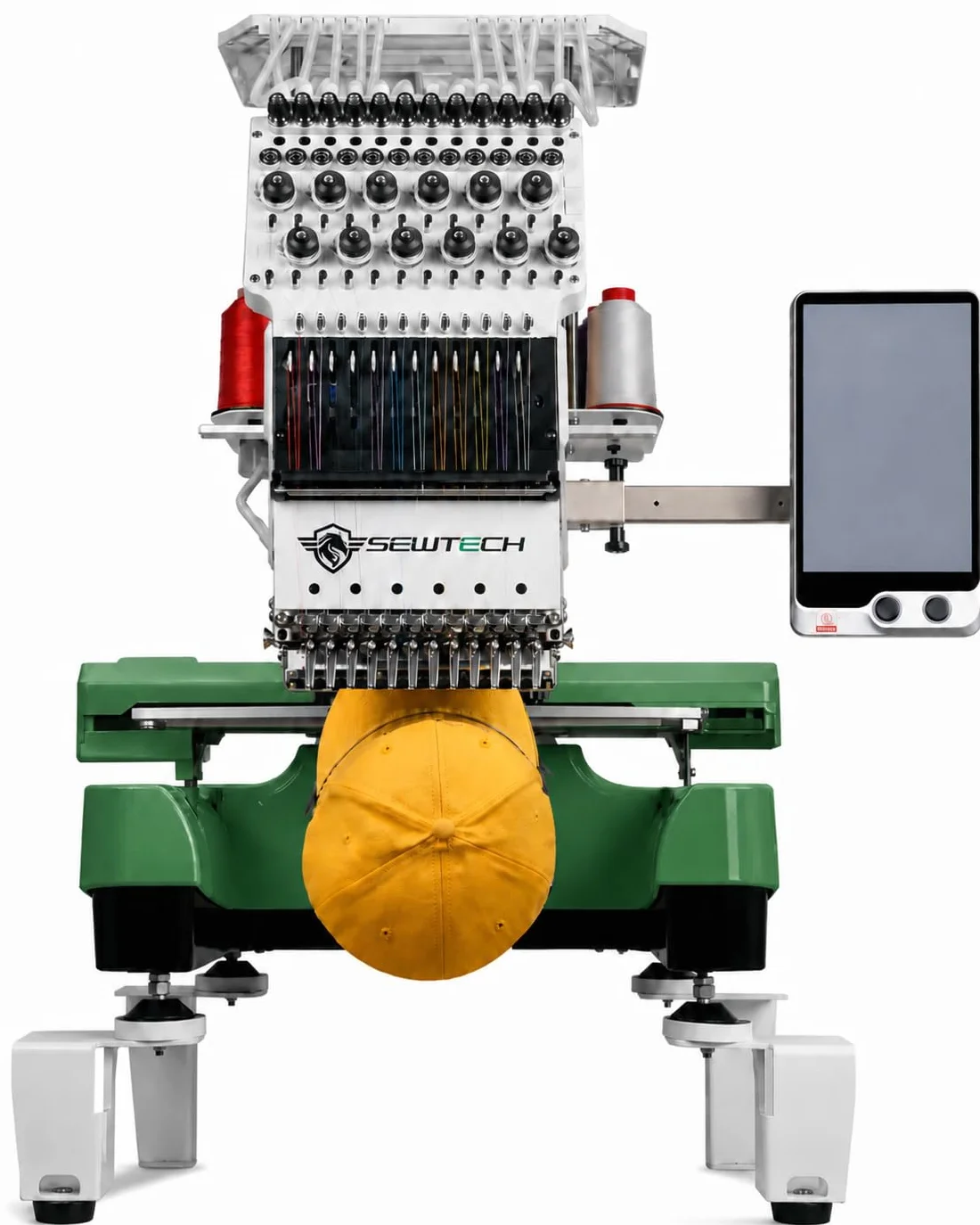 SEWTECH - Máquina de bordado comercial de 12 agujas, campo compacto de 200 x 360 mm, 1200 puntadas/minuto, pantalla táctil de 10 pulgadas, WiFi/USB, para tapas y logotipos