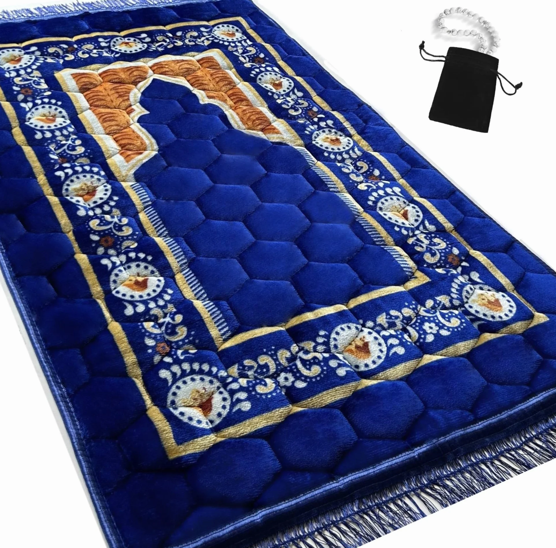 Alfombra de oración musulmana islámica – Alfombra acolchada muy gruesa para oración Sajadah para hombres y mujeres con cuentas de oración del Islam para Eid, viajes, Ramadán, suave y lujosa (azul rey)