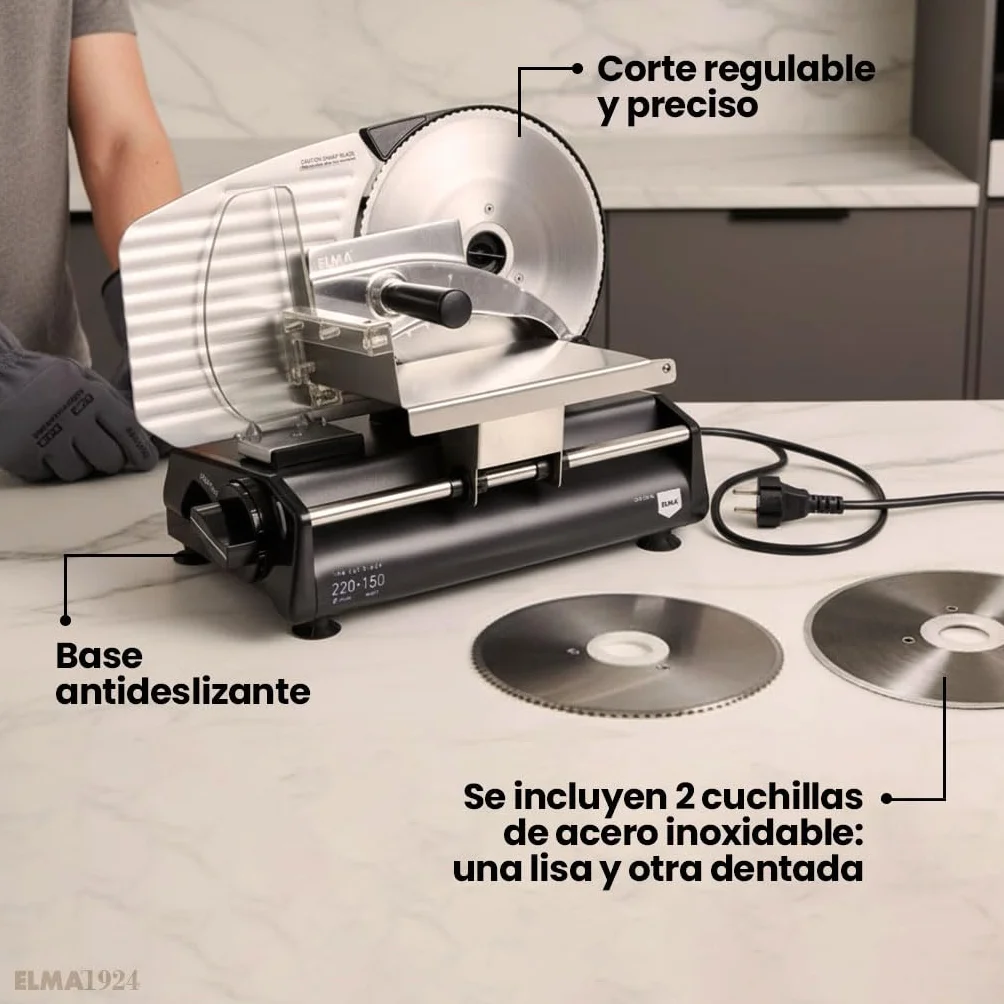 ELMA Cortafiambres Eléctrico CFD220 XL con Dos Cuchillas de Acero Inoxidable Ø220 mm | Cortadora de Fiambre Doméstica Ajustable 0-15 mm, Potente, Segura y Fácil de Limpiar