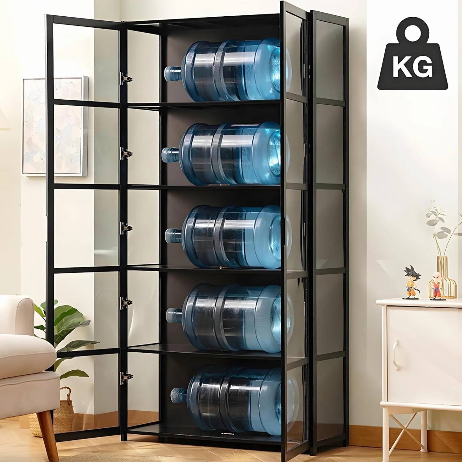 Vitrina de 5 pisos de pie, armarios Curio, estantería con puertas, puertas acrílicas transparentes, vitrina de coleccionista para sala de estar, oficina, libros, sala de juegos (Doble puerta negra)