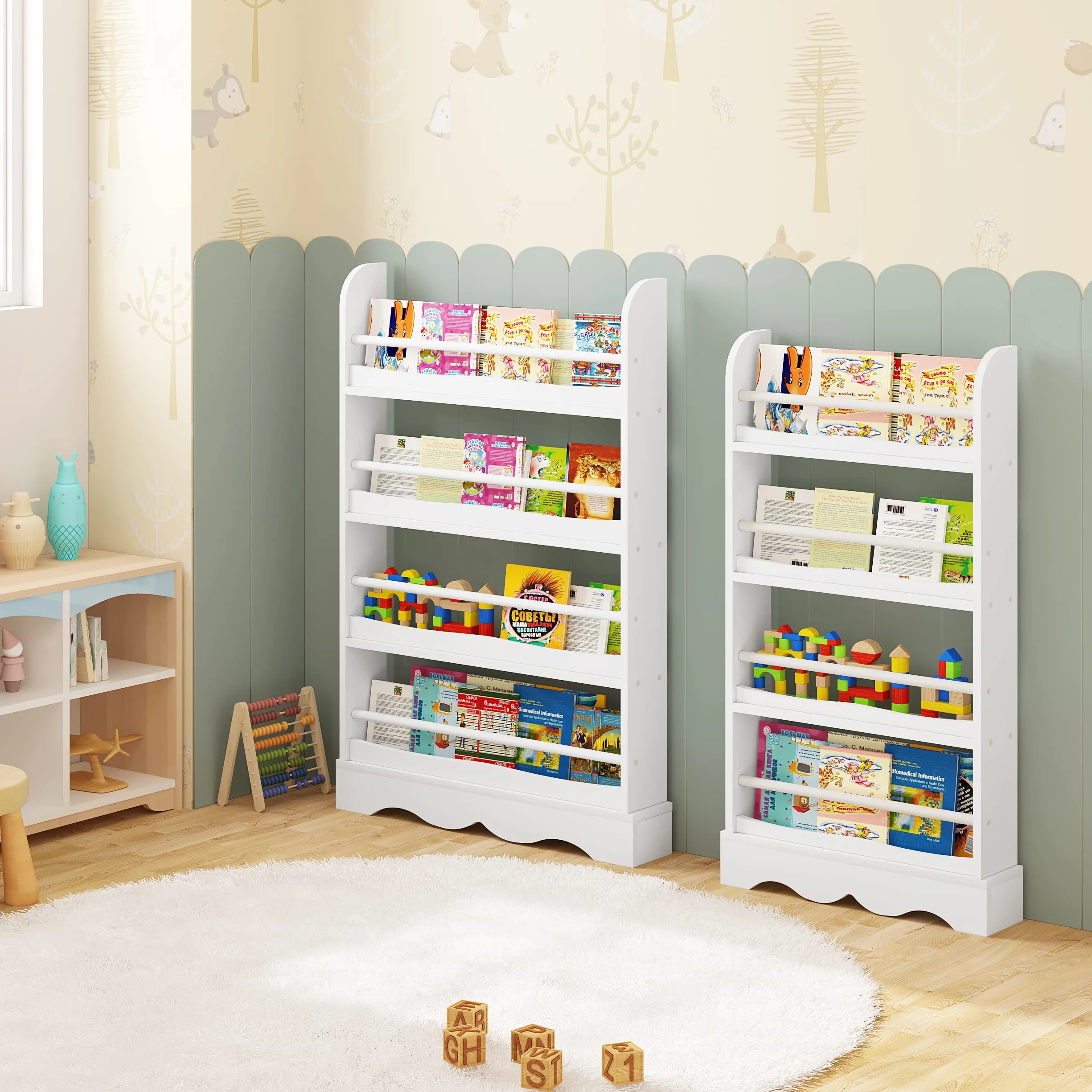 Lestarain Libreria Montessori para Niños, de 4 Estantes para Habitación Infantil, Sala de Juegos y Guarderia, Blanco, 80x12x118 cm