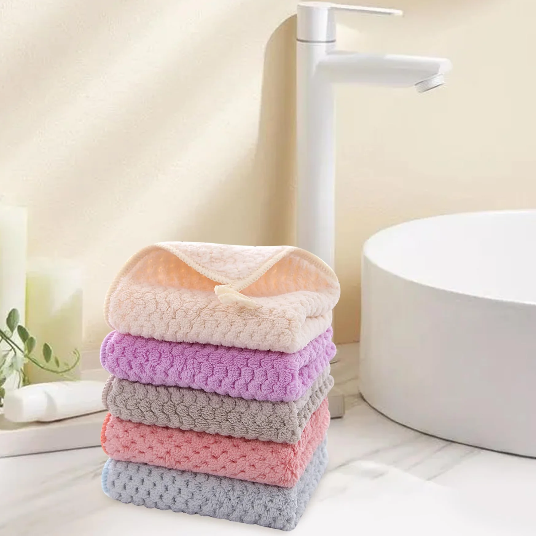 Toallas de mano pequeñas suaves y súper absorbentes con bucles colgantes - Juego de 5 piezas para baño y cocina, lavable a máquina y secado rápido