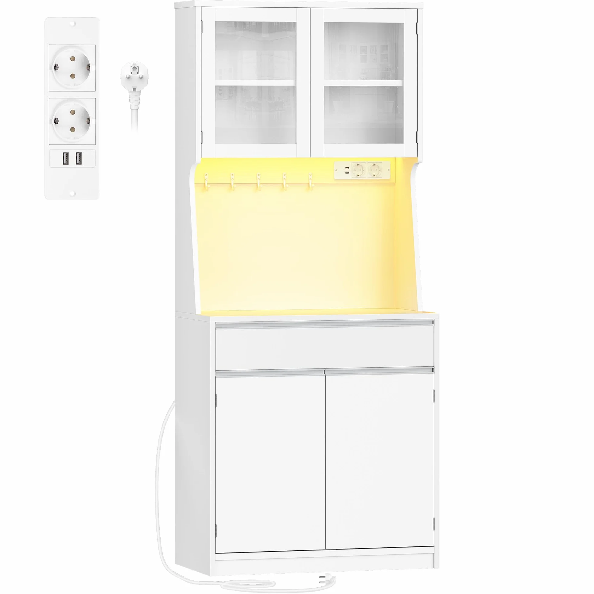 Armario de Cocina con Regleta de Enchufes y Tira de Luz LED, Encimera y 4 Armarios, Estantes Regulables, 40x75x180cm, Blanco