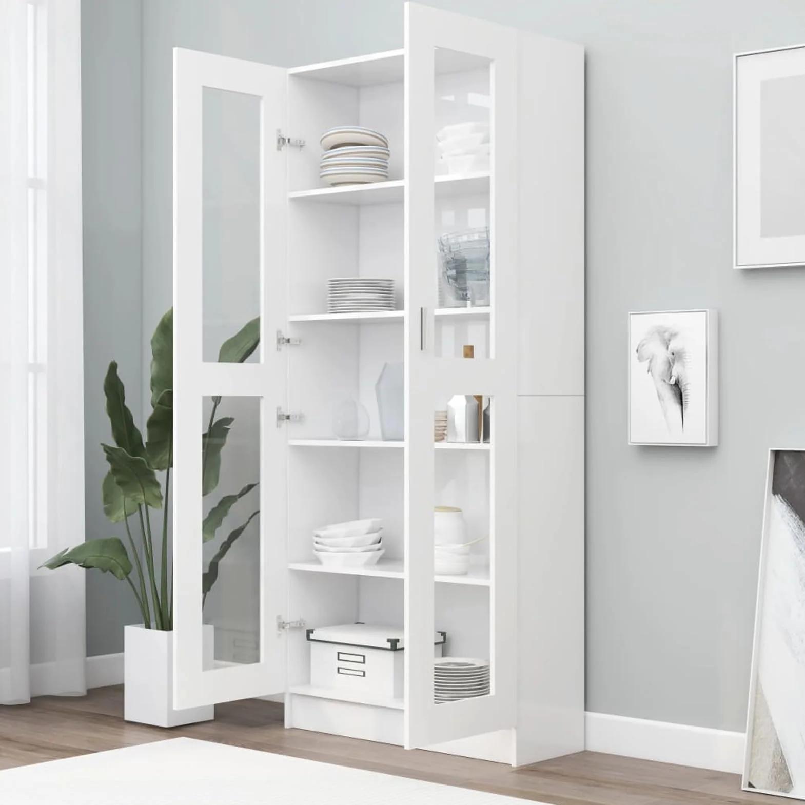 Homgoday Vitrina de Cristal, Vitrina de Salón Aparador,Aparador Cocina, Oficina Archivador, con stantes 2 Puertas de Vidrio Blanco