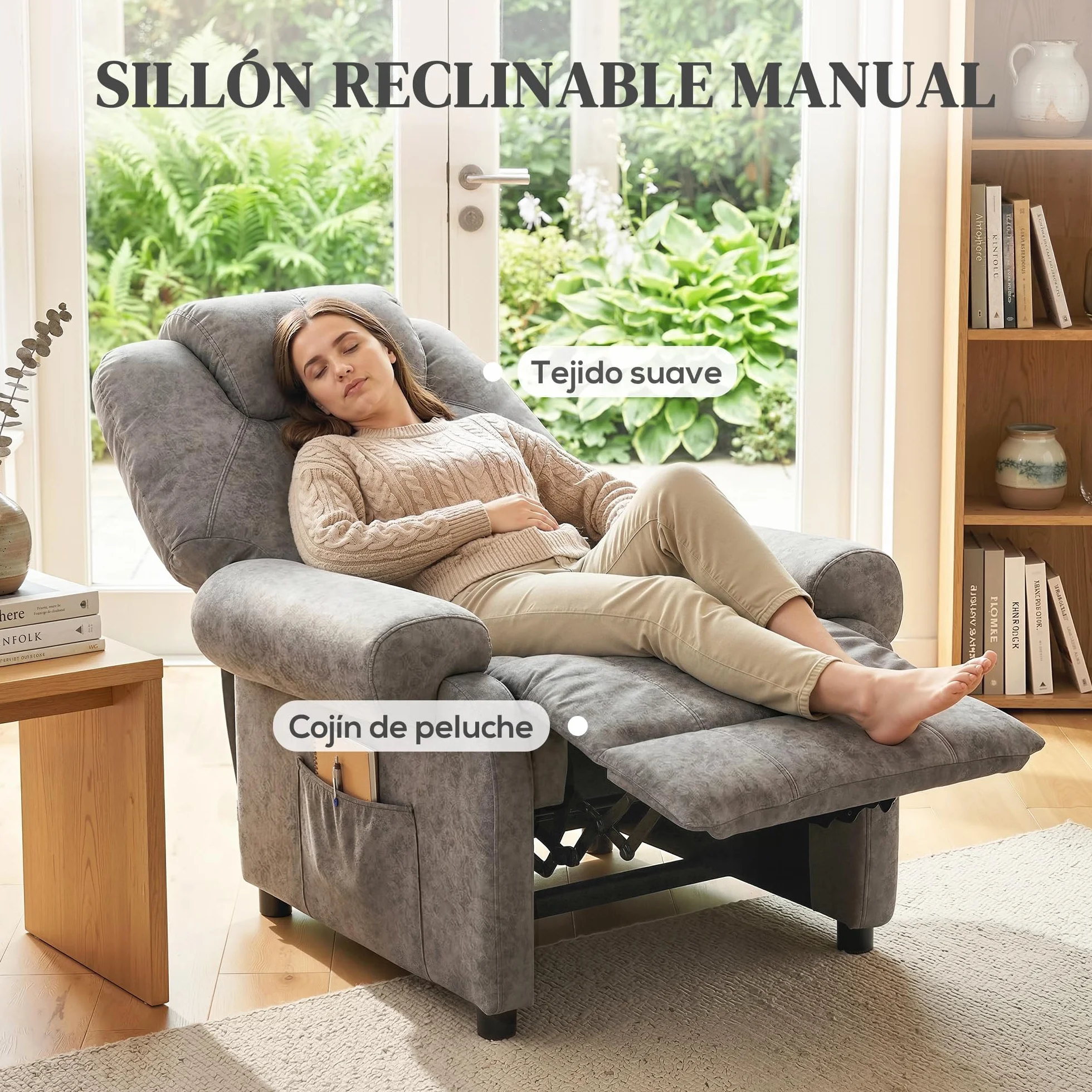 HOMCOM Sillón Relax Reclinable Manual, Sillón Relax de Terciopelo con Reposabrazos, Reposapiés, Acolchado Grueso, Butaca Reclinable hasta 135º para Salón, Dormitorio, Oficina, Gris