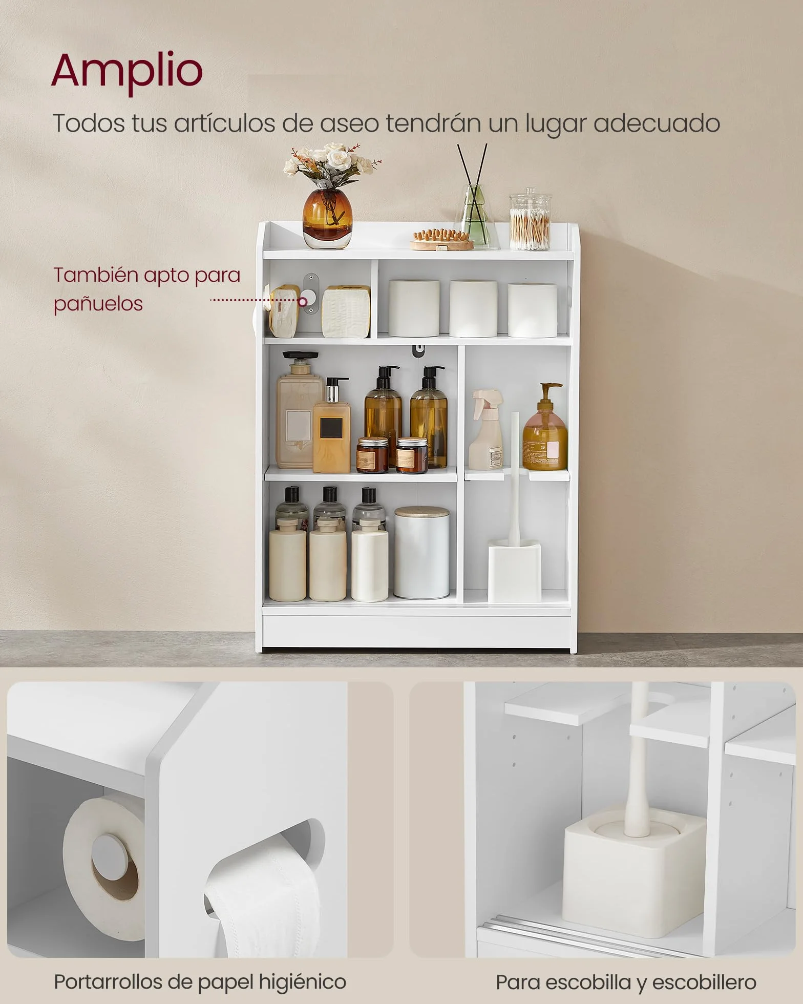 VASAGLE Armario de Baño, Ahorra Espacio, Compartimento Papel Higiénico y Escobilla, Puertas Correderas, Estantes Ajustables, Lado Inodoro, 20 x 60 x 80 cm, Blanco Nube BBC752W01