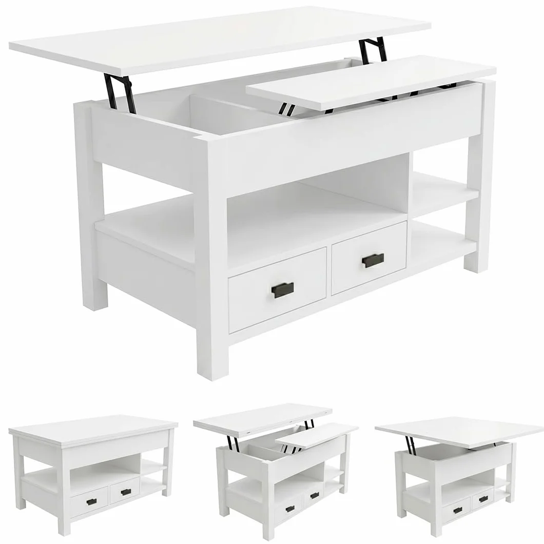 Marctani Mesa de Centro elevable 3 en 1 - Mesa de Centro Blanca con Almacenamiento Oculto y 2 Cajones, Mueble de Salón Extensible en Madera MDF para Escritorio y Comedor