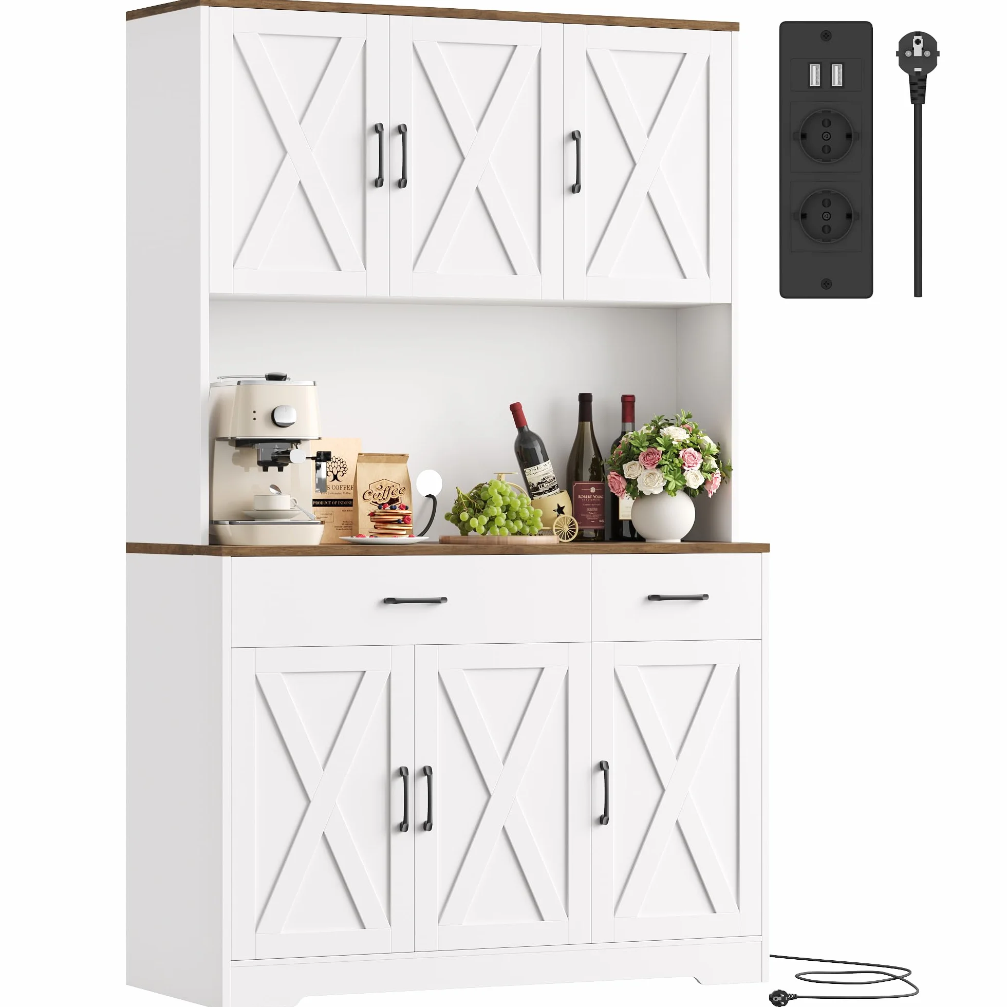HOCSOK Alacena de Cocina 105x180 cm (BxH)，Armario Blanco con Enchufes, Estantes Ajustables, Mueble de Cocina con Soporte para Microondas, para Comedor Y Sala de Estar