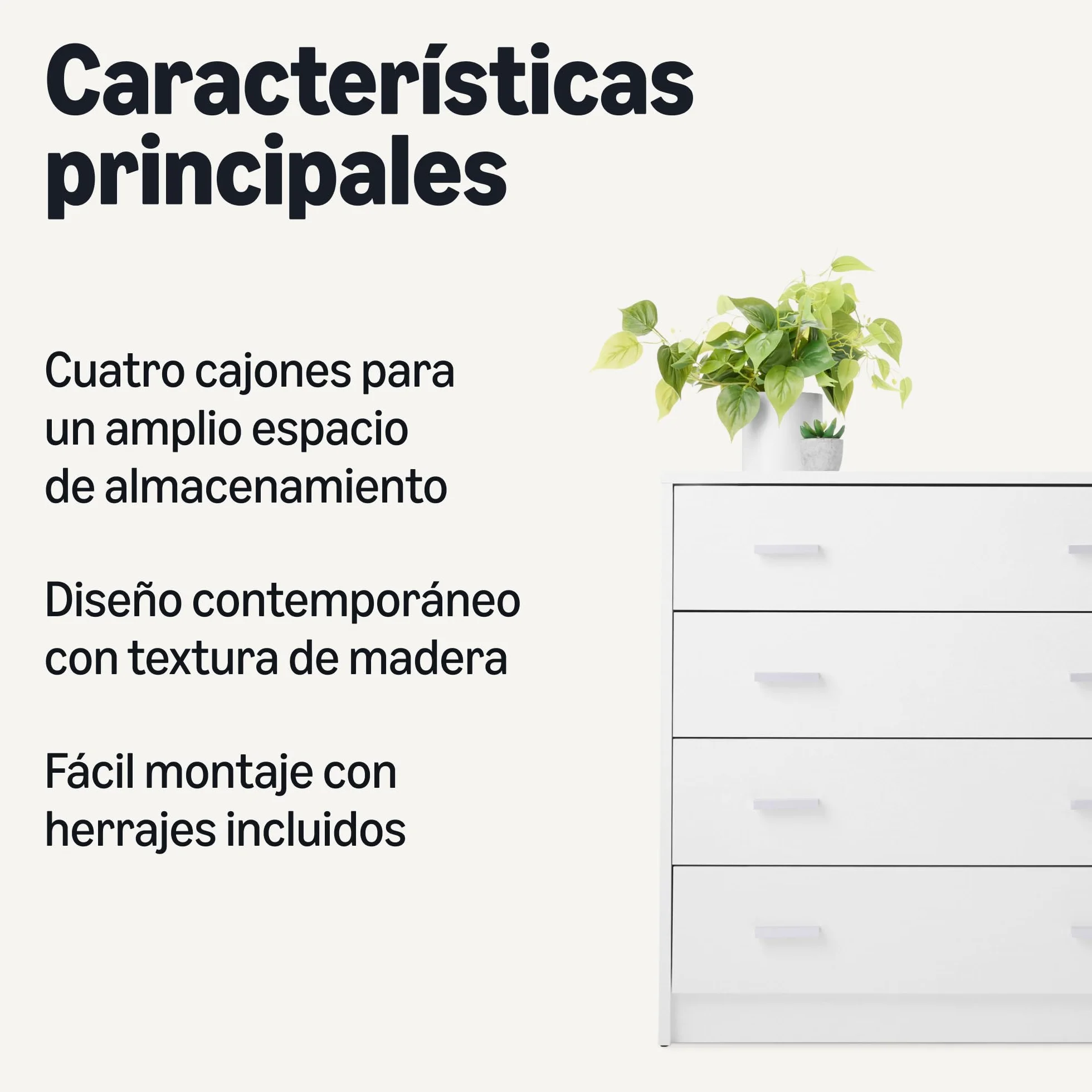 Amazon Basics Cajonera, Armario de Dormitorio con 4 Cajones, Armario, Tocador de Almacenamiento, Blanco, 40 x 75 x 74cm