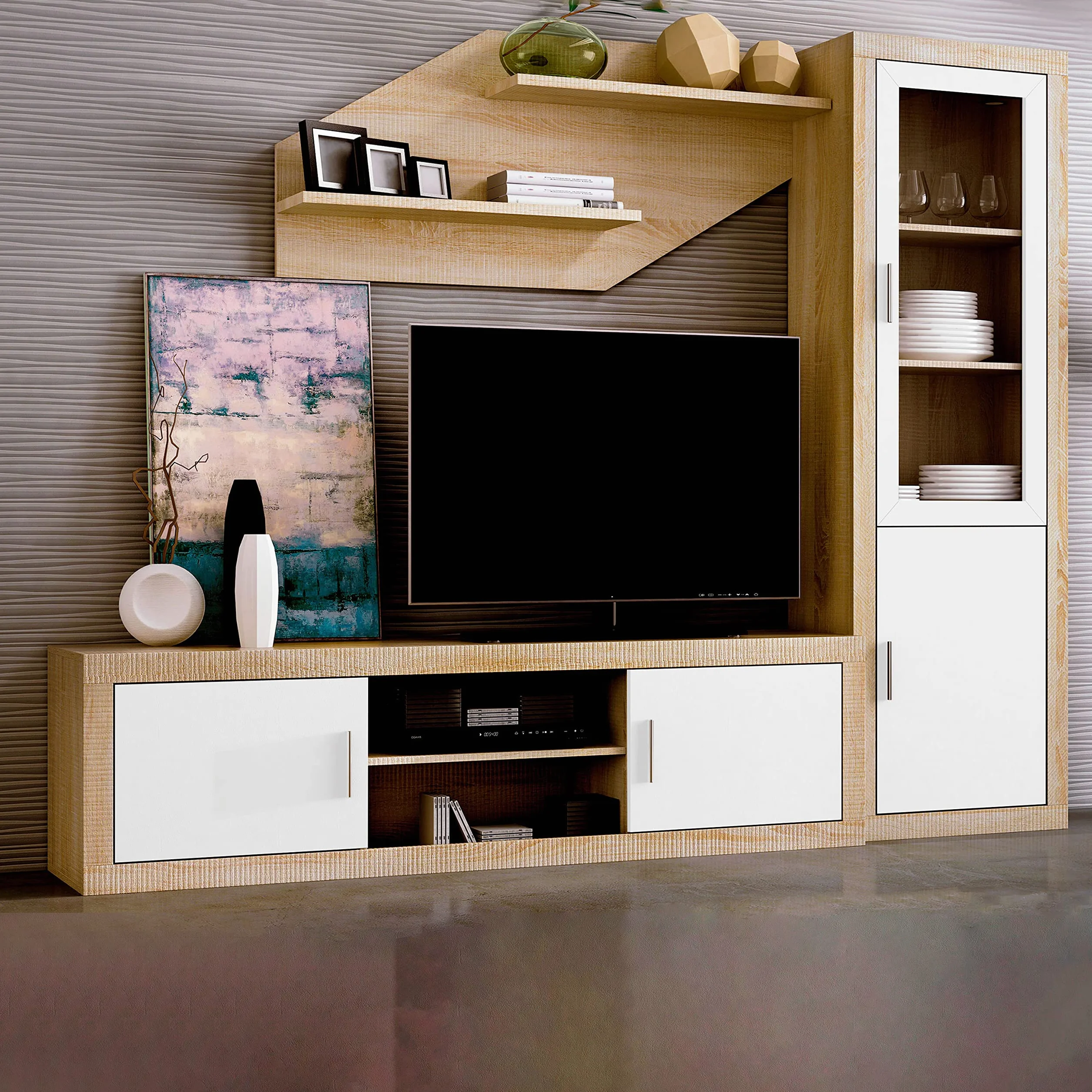 duehome | Salon Modular, Vitrina Reversible con 2 Puertas, Composicion Salon por Piezas, Modelo Nuka, Acabado en Cambria y Blanco, Medidas: 60 cm (Largo) x 193,2 cm (Alto) x 34,6 cm (Fondo)