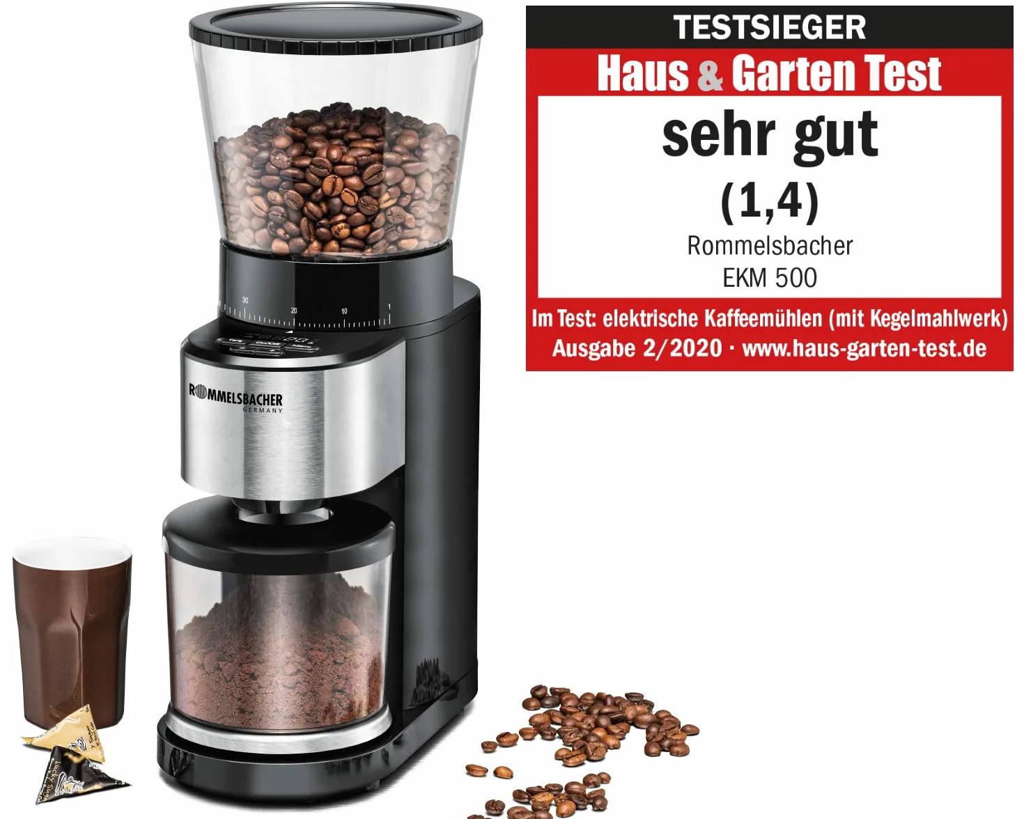 ROMMELSBACHER Molinillo de café EKM 500, mecanismo cónico, báscula de precisión, soporte para filtro, grado de molienda en 39 niveles, 5 teclas de función para uso individual y flexible