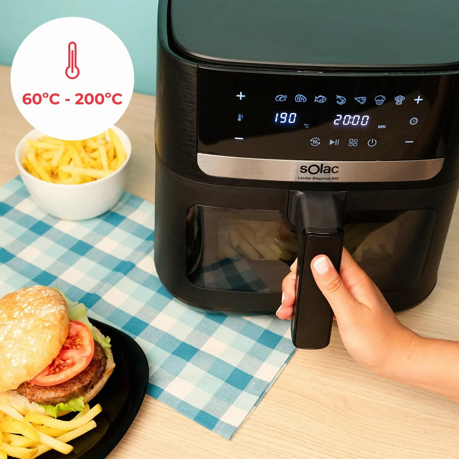 Solac - Air Fryer Leviter Elegance E80 | 1800W 8L | Pantalla Táctil | 8 Programas Automáticos | Temperatura Ajustable y Temporizador | Cocina Rápida | Apta para Lavavajillas | Negro