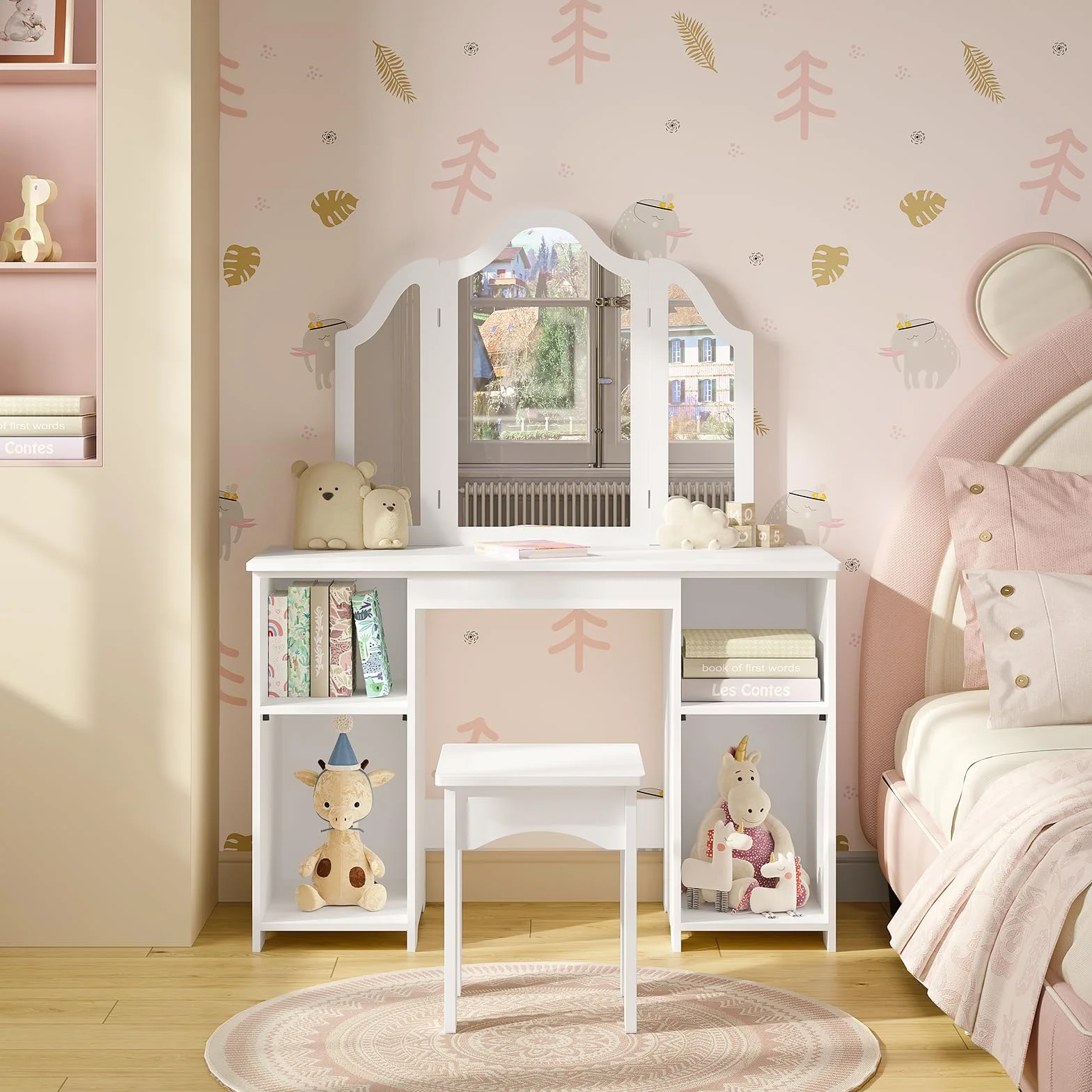 WOLTU Mesa Tocador Infantil 3 Piezas con Taburete y Espejo Plegable, Blanco MDF