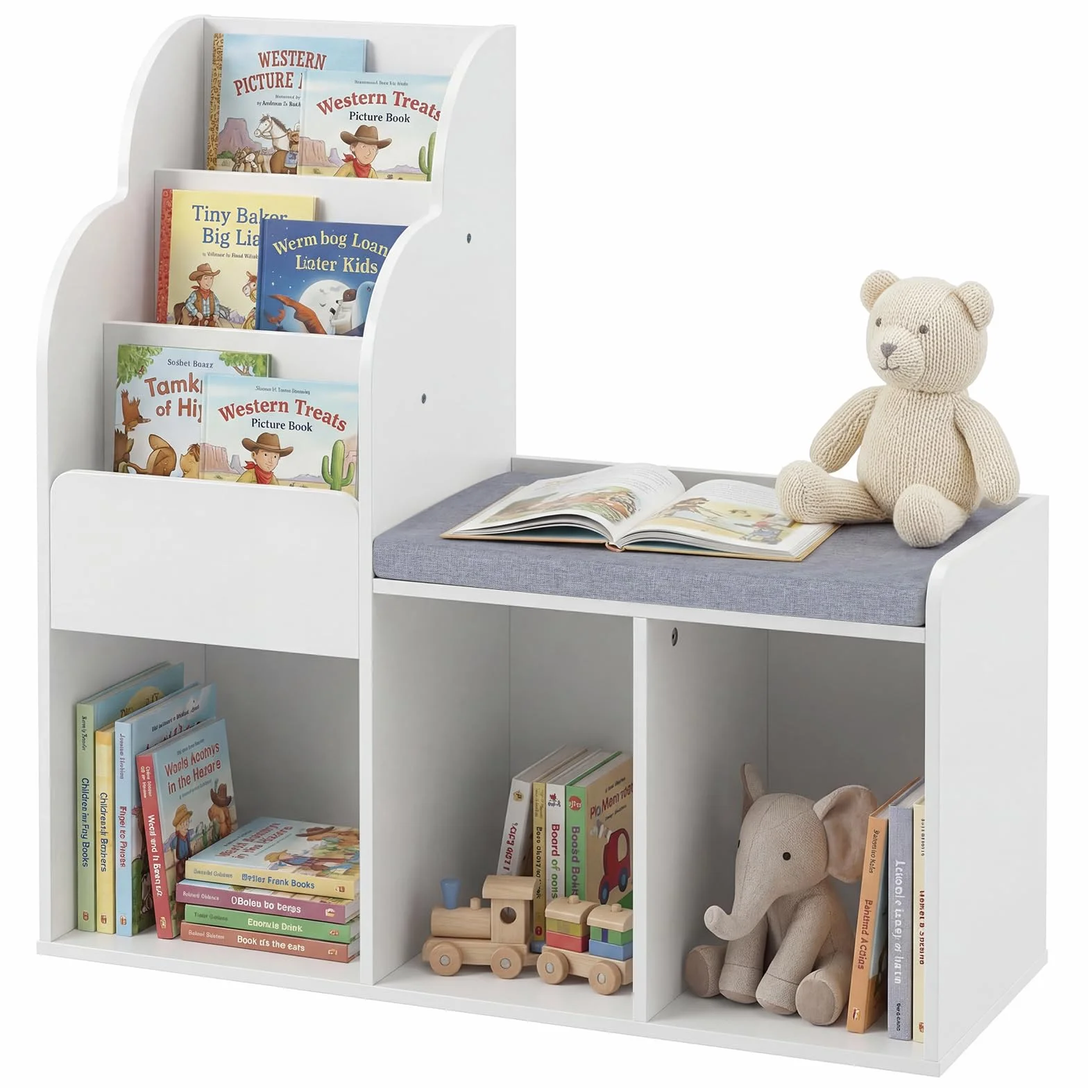 COSTWAY Estantería Infantil con Banco, Librería Infantil con Estantes de 3 Niveles, 3 Compartimentos Abiertos y Cojín de Asiento, Estantería para Niños para Dormitorio, Sala de Juegos