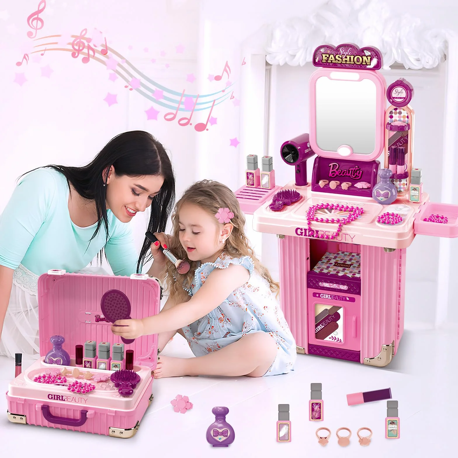 deAO Tocador de Maquillaje Niña Princesa con Maletín, Juegos Infantiles 3-12 años