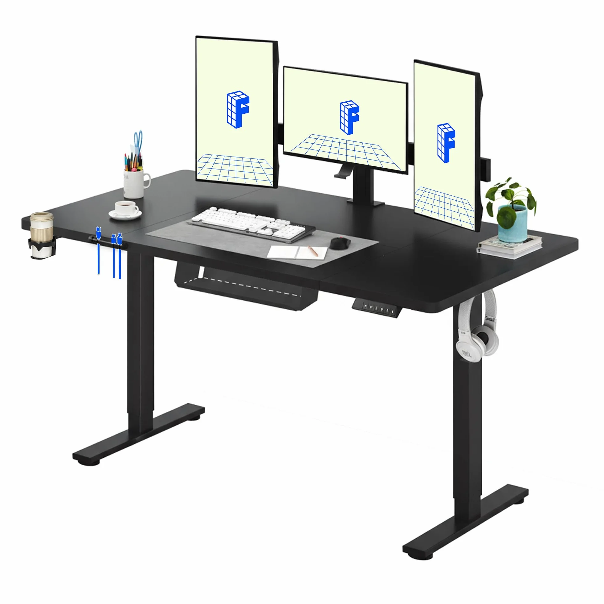 FLEXISPOT 160x60cm Escritorio Eléctrico Ajustable en Altura, Escritorio Elevable Eléctrico Standing Desk Escritorio para Computadora con Gancho, Función de Memoria, para Oficina y Dormitorio, Negro