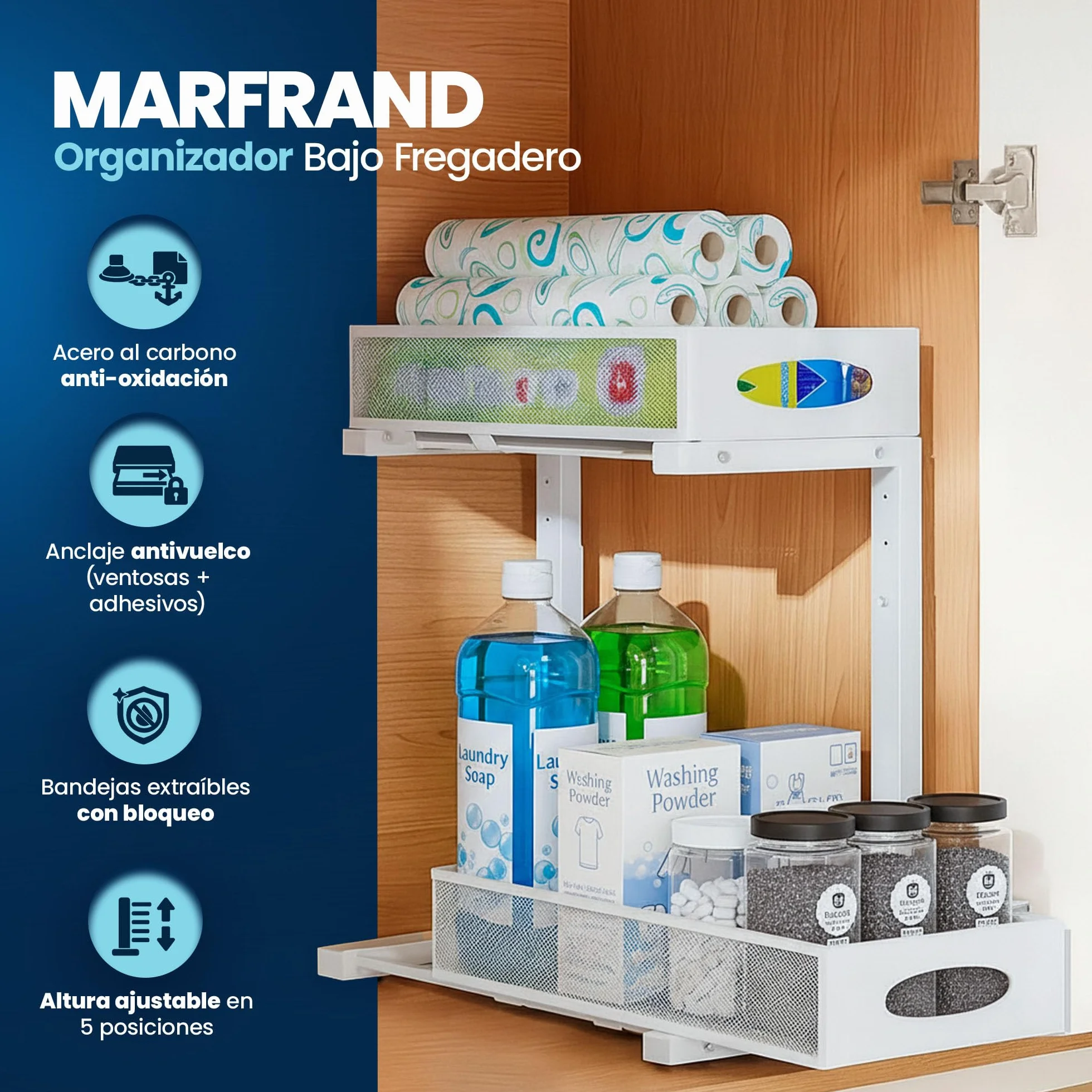 MARFRAND Organizador Bajo Fregadero. Organizador Armario Cocina. Bandeja Extraible Armario. Con accesorios anti vuelco. Incluye Colgador para Esponja de Cocina para Fregadero.