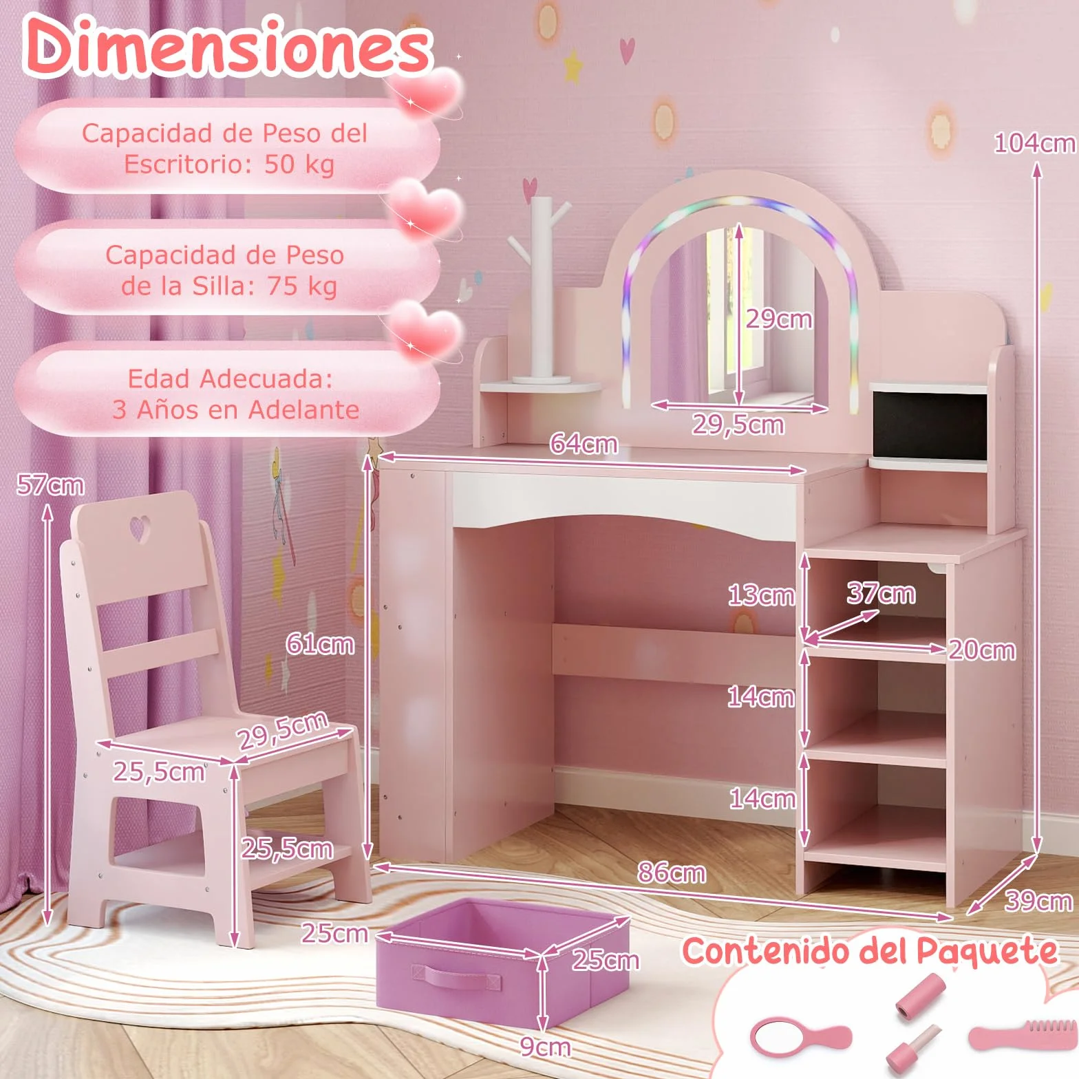 COSTWAY Tocador Niña con Espejo y Luces, Mesa de Maquillaje con Estantes y Caja de Tela, Rosa