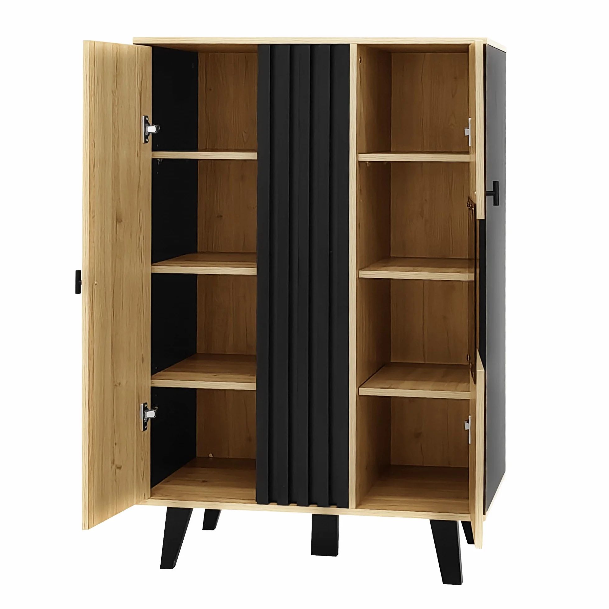 KAZZIO Armarios auxiliares, aparador, vitrinas con cristal e iluminación LED. Contiene laminados, una combinación de colores negro y madera, diseño único de rayas de madera negra