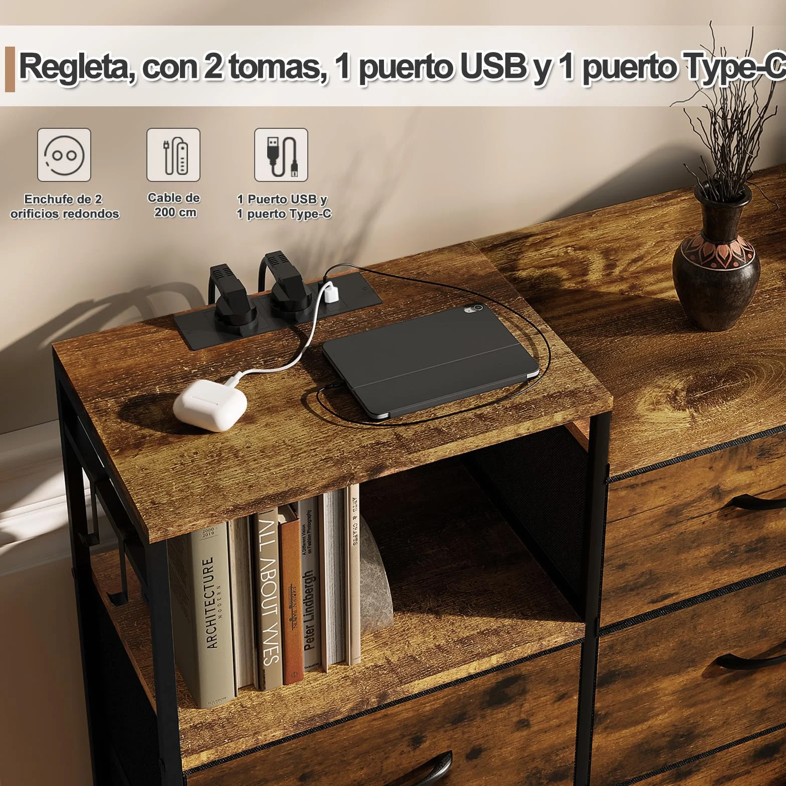 WOLTU Cómoda Dormitorio 8 Cajones de Tela, Estantes de Madera, Armario Comoda de Salon, Cajas Organizadoras, Estructura Metalica, Estilo Industrial, SSK007hov