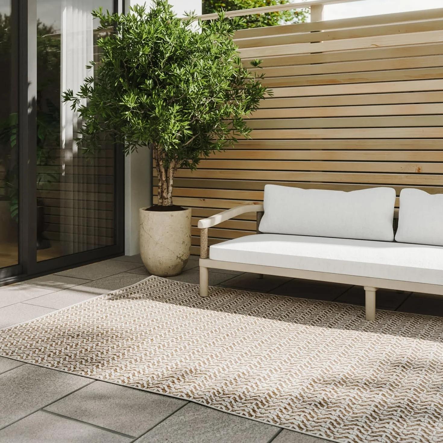benuta Basic Alfombra Exterior Interior Kaleo - Beige 200x300 cm - Diseño Geométrico - Resistente al Clima & UV - Balcón, Terraza, Jardín, Cocina, Dormitorio, Salon & Sala de Estar - Fácil de Limpiar