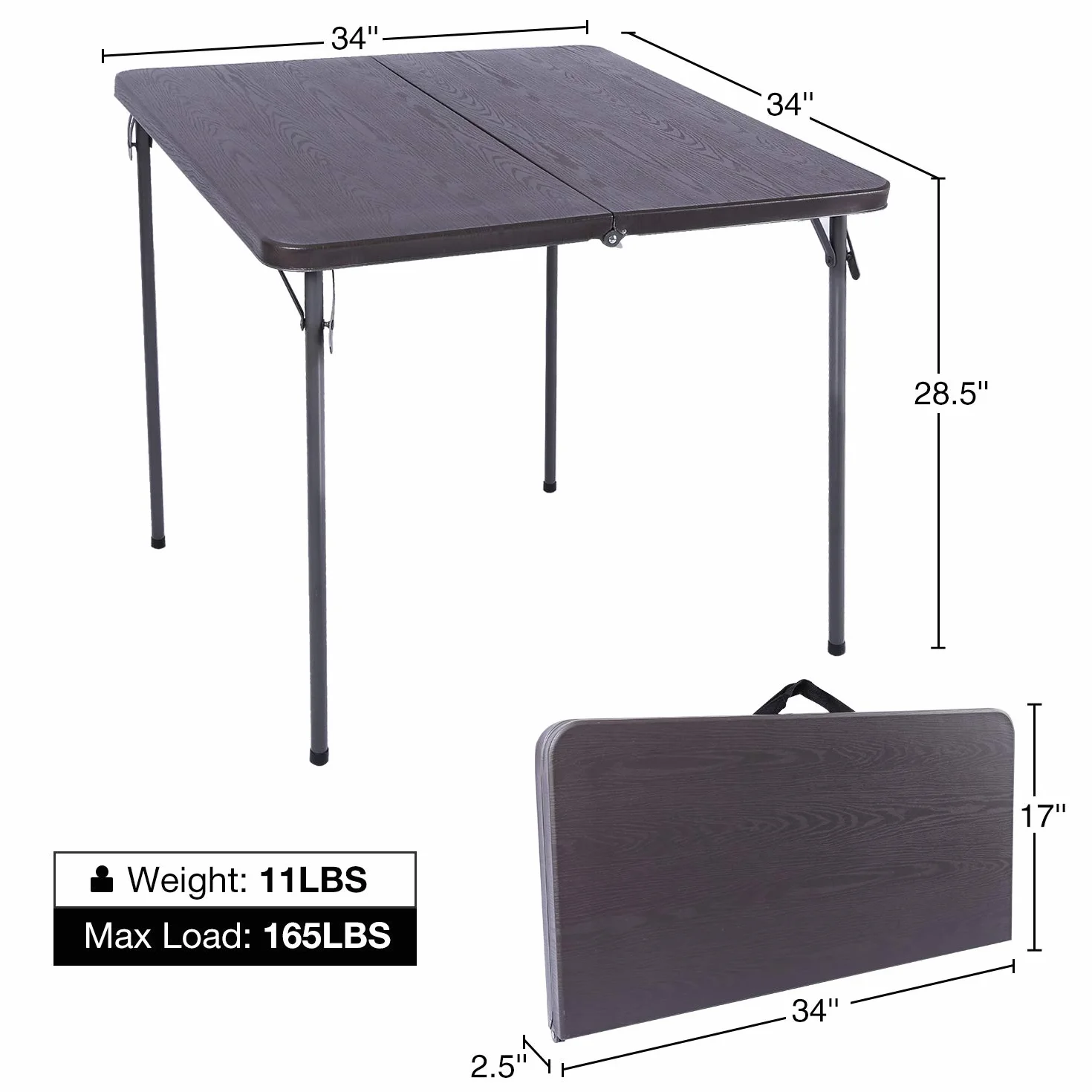 REDCAMP Mesa de tarjetas plegable de 34 pulgadas con patas plegables, ligera, portátil, plegable, media cuadrada, comedor, color marrón