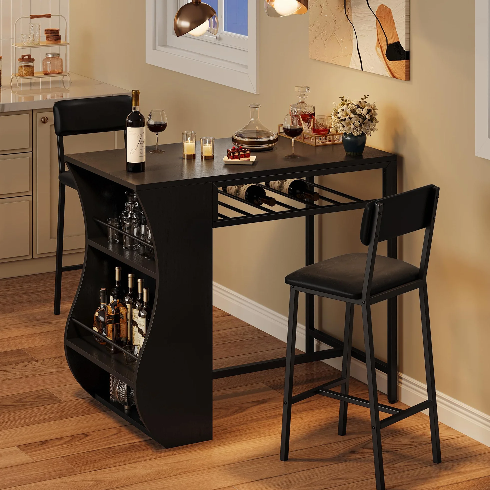 FEONASE Juego de mesa de bar y taburetes de 3 piezas con estante para vino, marco de acero