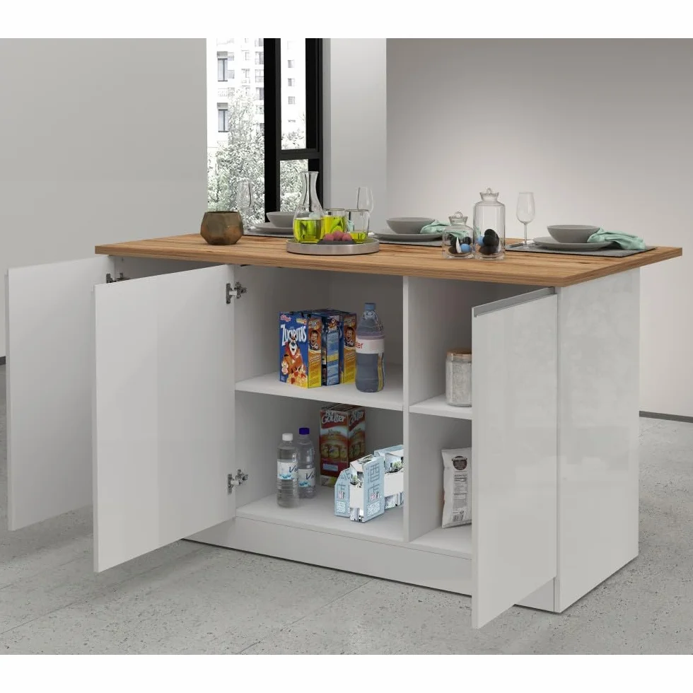 VE.CA – Isla de cocina Clarissa – Aparador de cocina – Mueble de cocina – Ideal para una cocina completa – Ideal como mesa de comedor – Color blanco brillante/Wotan – Fabricado en Italia
