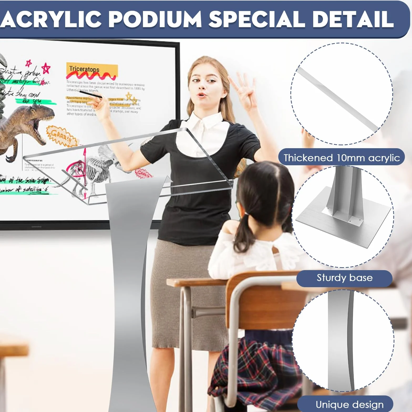 Soporte de podio acrílico transparente, púlpito de 109 cm para iglesias, atril moderno para aula, conferencia, boda y más (plateado)
