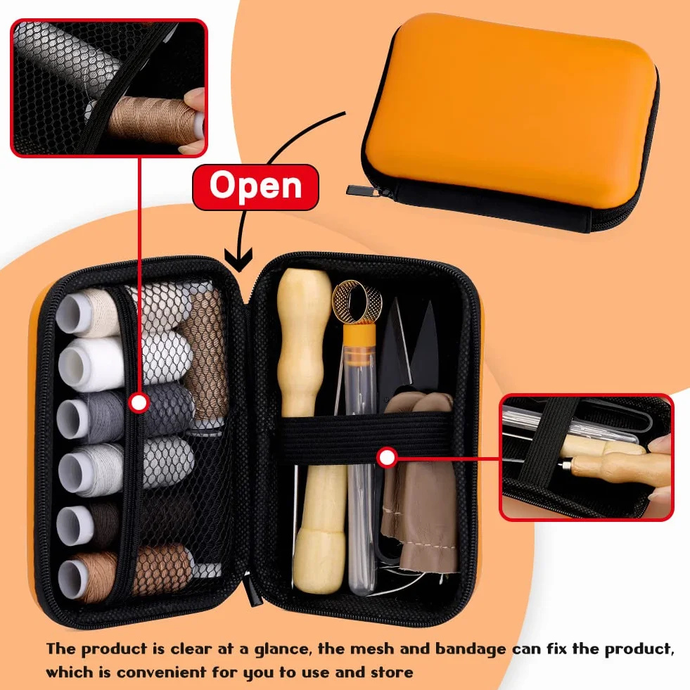 Kit de costura de cuero, kit de reparación de tapicería de costura de cuero, kit de trabajo de cuero con 8 hilos de tapicería, agujas de coser de cuero, kit de herramientas de artesanía de cuero para